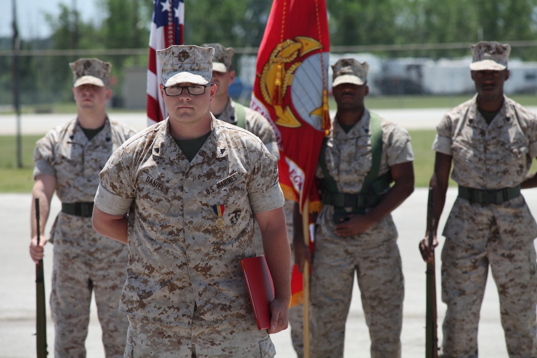 Lance Cpl. Bryan Daniels, motor transport operator with Headquarters Battery, 14th Marine Regiment, and native of Keller, Texas, was awarded the Navy and Marine Corps Medal for heroism May 18, 2014. Daniels received the award for risking his life in an attempt to rescue a driver trapped in a burning tractor-trailer last August. (Official Marine Corps Photo by Staff Sgt. Joel Chaverri)