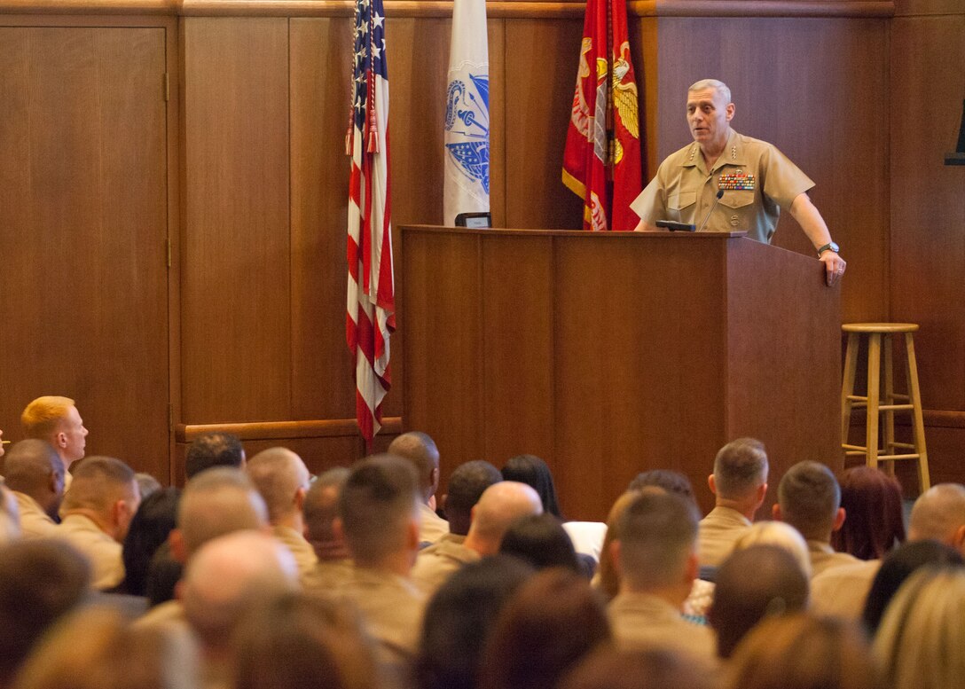 The Assistant Commandant of the Marine Corps, Gen. John M. Paxton, Jr., speaks during the Commanders Course at Marine Corps Base Quantico, Va., May 13, 2014. (U.S. Marine Corps photo by Cpl. Tia Dufour/Released)