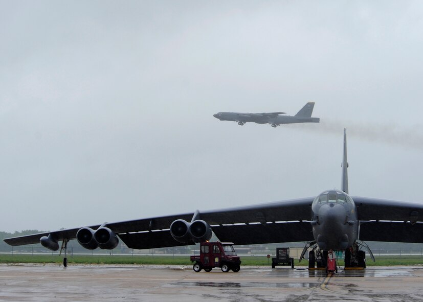 A B-52H Stratofortress takes-off at Barksdale Air Force Base, La., during a Global Lightning/Constant Vigilance exercise mission May 14, 2014. Numerous aircraft were generated throughout the exercise, allowing Air Force Global Strike Command to train and assess the command's ability to support its conventional and nuclear missions. (U.S. Air Force photo/Senior Airman Joseph A. Pagán Jr.)