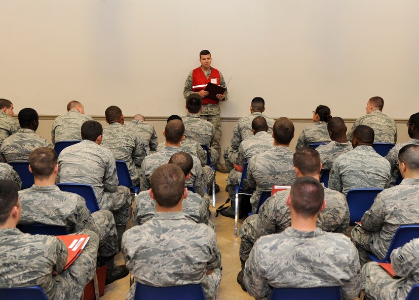 Staff Sgt. David Melonja, 2nd Logistics Readiness Squadron Air Terminal Operations ready team coordinator, briefs a group of deployers during Global Lightning/Constant Vigilance 2014 at Barksdale Air Force Base, La., May 13, 2014. Melonja explained the air terminal's processing procedures for travel on commercial aircraft. (U.S. Air Force photo/Senior Airman Joseph A. Pagán Jr.)