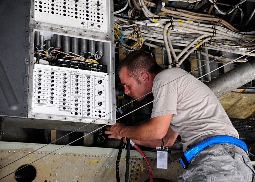 Staff Sgt. Ian Murphy, 2nd Aircraft Maintenance Squadron electrical and environmental technician, inspects the non-disreputable current on a B-52H Stratofortress while participating in Global Lightning/Constant Vigilance 2014 at Barksdale Air Force Base, La., May 12, 2014. Training and exercise participation is critical to Air Force Global Strike Command's ability to respond quickly and effectively to real-world situations. (U.S. Air Force photo/Senior Airman Joseph A. Pagán Jr.)