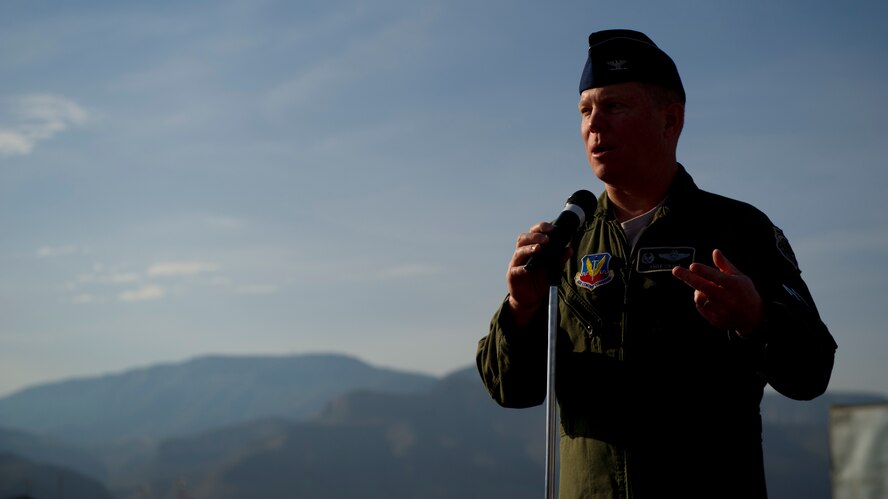 Colonel Andrew Croft, 49th Wing commander, speaks to visitors during the opening ceremony of the Armed Forces Day Gus Macker 3-on-3 Basketball Tournament at Alamogordo, N.M., May 17. Airmen from Holloman Air Force Base, N.M., provided a model aircraft static display to showcase the missions to visitors. Armed Forces Day is celebrated annually on the third Saturday of May to pay tribute to men and women who serve in the United States armed forces. (U.S. Air Force photo by Airman 1st Class Aaron Montoya / Released)