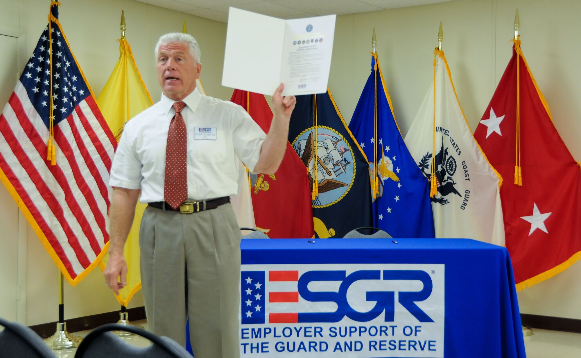 Retired Marine Col. Alan Smith, state chair of the New Jersey Committee for Employer Support of the Guard and Reserve, briefs nearly two-dozen civilian employers of military service members during NJ ESGR’s annual Seven Seals Boss Lift event May 14-15, 2014, at Joint Base McGuire-Dix-Lakehurst, N.J. The event was capped by a Statement of Support signing at the Army Reserve Mobilization Museum on base. (U.S. Army Reserve photo by Staff Sgt. Shawn Morris/Released)