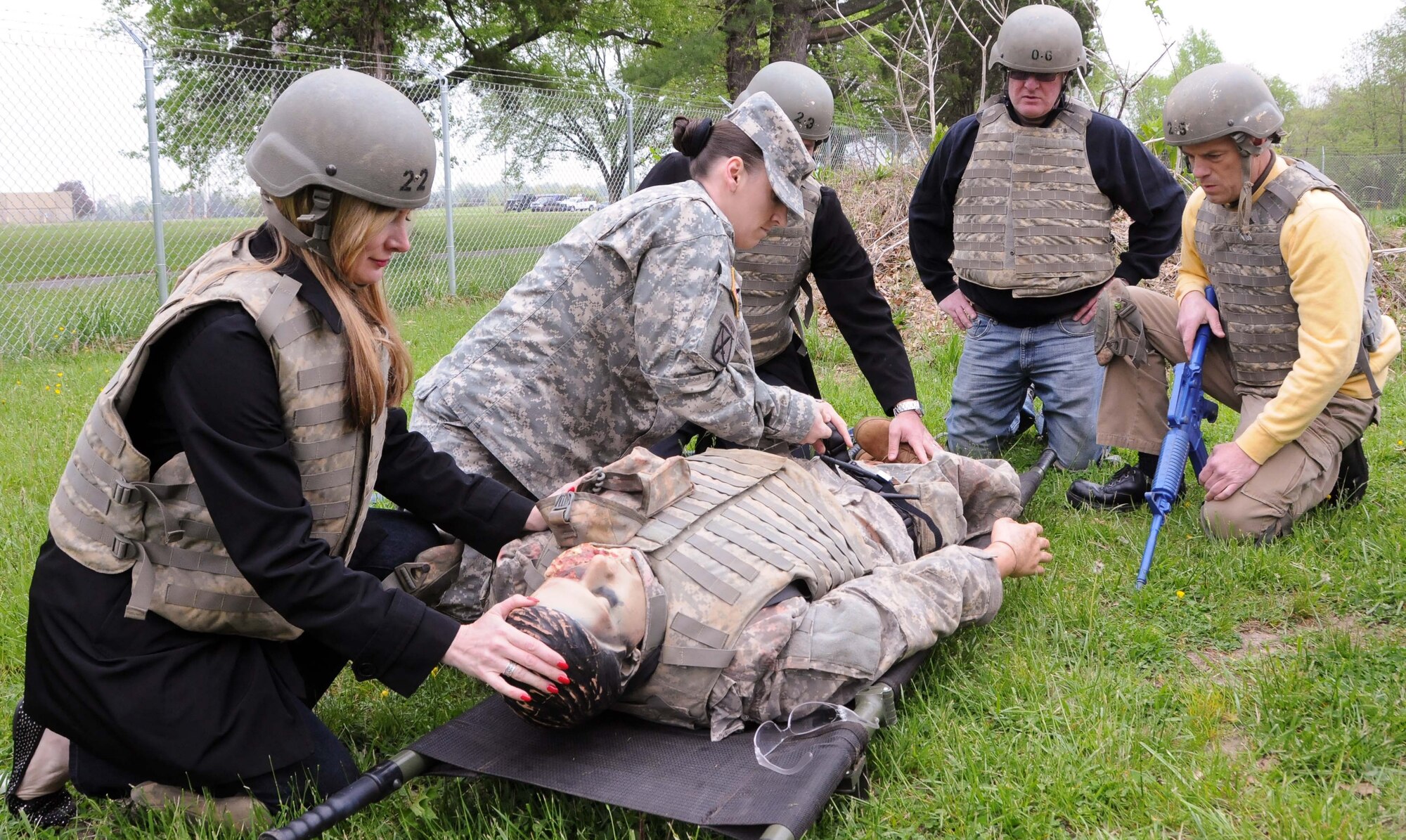 Nearly two-dozen civilian employers of military service members participate in a combat-medical simulation during the New Jersey Committee for Employer Support of the Guard and Reserve’s annual Seven Seals Boss Lift event May 14-15, 2014, at Joint Base McGuire-Dix-Lakehurst, N.J.