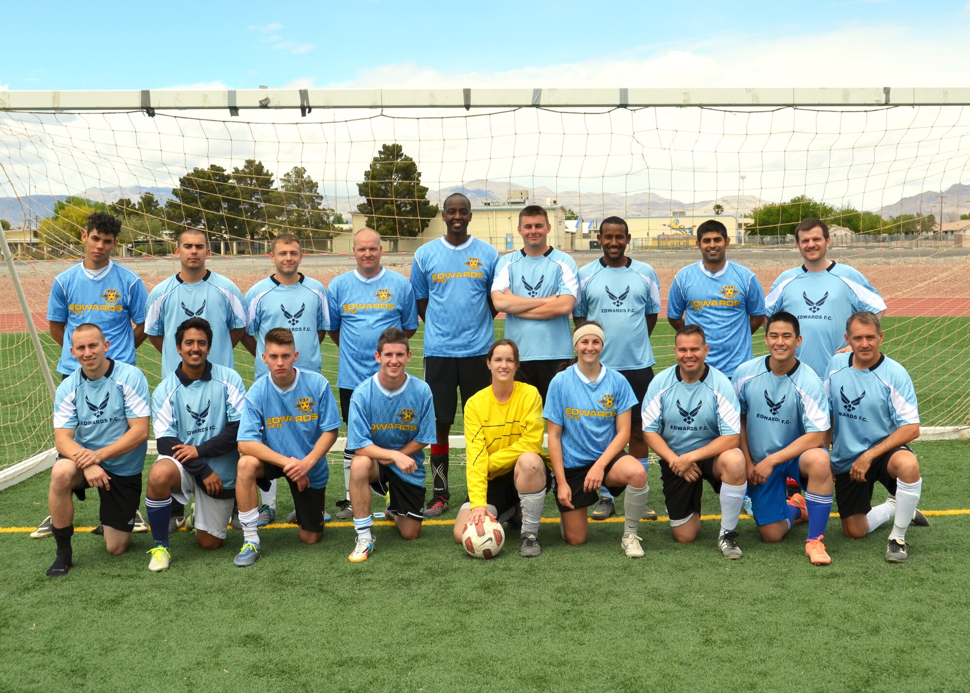 Top row, left to right: (Guest player) Dejeon Romero, Staff Sgt. Nazar Santillan-Mondaca, Airman 1st Class Andrew Pietzsack, Staff Sgt. Neil Sinclair, 1st Lt. Christoph Bangerazako, 1st Lt. Craig Porter, Andrew Neises, Syed Aleem and Edmund Null. Bottom, left to right: Staff Sgt. Dennis Franske, Andres Suarez, Airman 1st Class Austin Gorenc, (guest player) Toby Cartledge, Julie Clark, (guest player) 1st Lt. Eryn Avjian, Maj. Oscar Corredor, 1st Lt. Michael Estacion and Jose Munoz. (Courtesy photo by Maj. Oscar Corridor)
