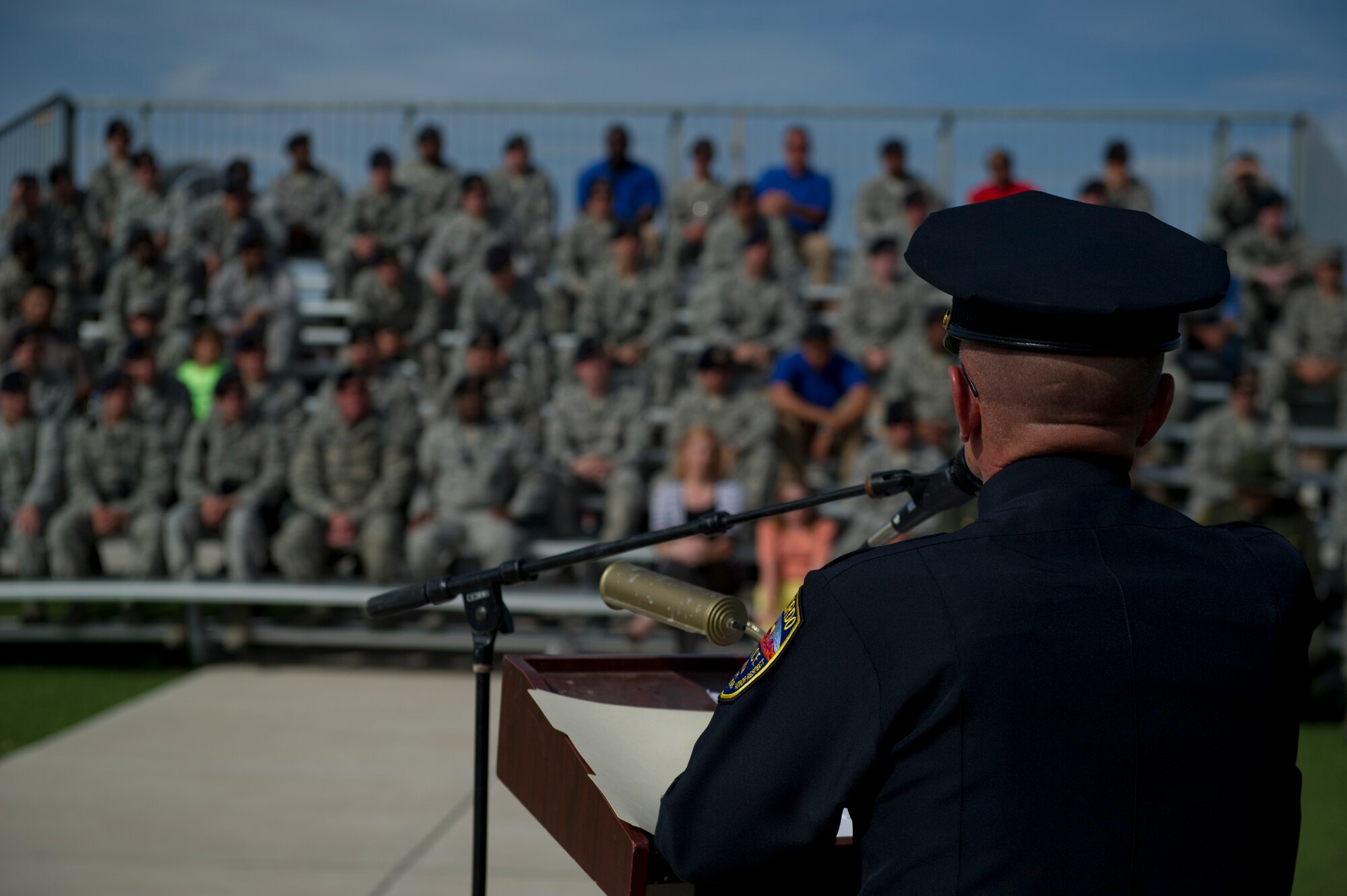 Robert Duncan, Alamogordo Chief of Police delivers a speech during the Police Week closing ceremony at Holloman Air Force Base, N.M., May 16. According to the National Police Week website, President John F.  Kennedy signed a proclamation in 1962 that designated May 15 as Peace Officers Memorial Day and the week in which that date falls as National Police Week. Since the inception of National Police Week, the United States Air Force has lost 120 military and civilian law enforcement officers. (U.S. Air Force photo by Airman 1st Class Aaron Montoya / Released)