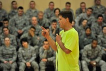 Bob Holmes speaks to approximately 400 Airmen at the Malmstrom Air Force Base fitness center on May 16 about beating the odds and winning the game of life. At 58, Holmes continues to gain national attention for his ability to win volleyball games as a one-man team, a platform he uses to address suicide, substance abuse and other social issues in America. (U.S. Air Force photo / John Turner)