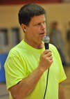 Bob Holmes “the one man volleyball team” introduces himself May 16 before playing five exhibition games at the Malmstrom Air Force Base fitness center. Holmes has won more than 18,000 matches in his 33-year career. (U.S. Air Force photo / John Turner)