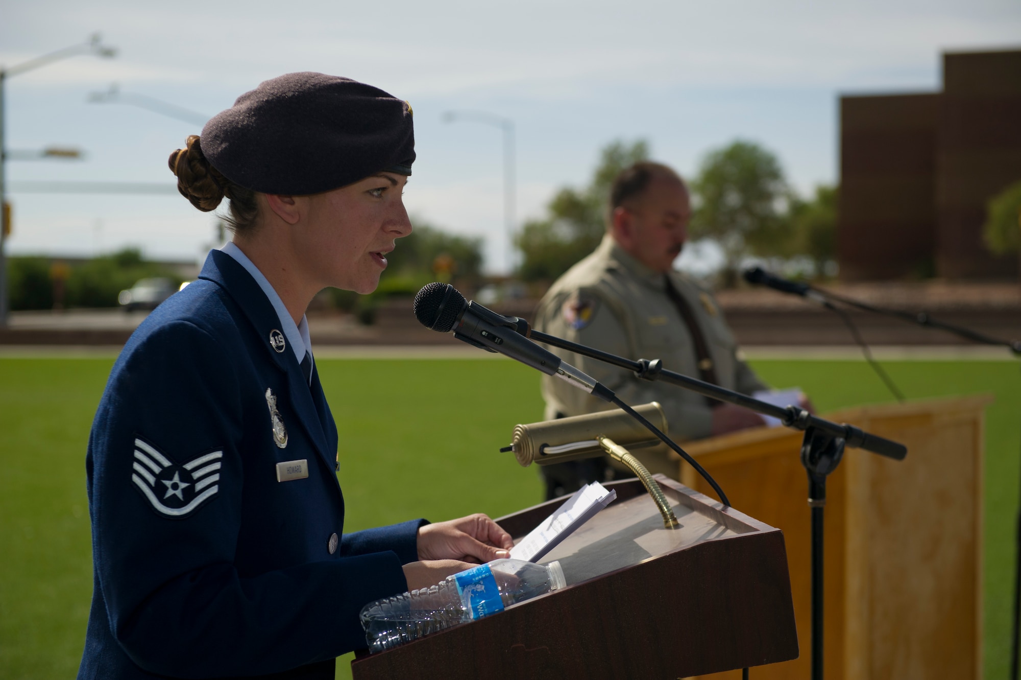 Staff Sgt. Alania Howard, 49th Security Forces Squadron duty position evaluator, serves as the master of ceremonies for the Police Week closing ceremony at Holloman Air Force Base, N.M., May 16. According to the National Police Week website, President John F.  Kennedy signed a proclamation in 1962 that designated May 15 as Peace Officers Memorial Day and the week in which that date falls as National Police Week. Since the inception of National Police Week, the United States Air Force has lost 120 military and civilian law enforcement officers. (U.S. Air Force photo by Airman 1st Class Aaron Montoya / Released)