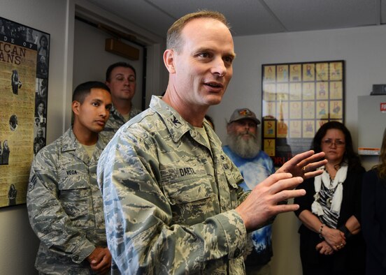 Col. Daniel Daetz, 412th Test Wing vice commander, addresses colleagues of the late Johnny Anthony during a dedication ceremony for his Wall of Remembrance. (U.S. Air Force photo by Rebecca Amber)