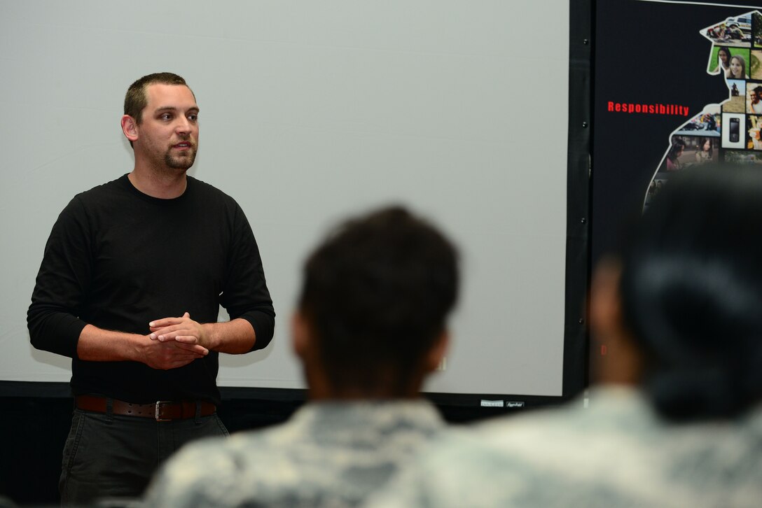 Andrew Tipton, Save a Life Tour manager, speaks to Soldiers during a drinking and driving and texting and driving brief at Fort Eustis, Va., May 19, 2014. During the brief Soldiers learned facts on driving while intoxicated or distracted. (U.S. Air Force photo by Airman 1st Class Kimberly Nagle/Released)