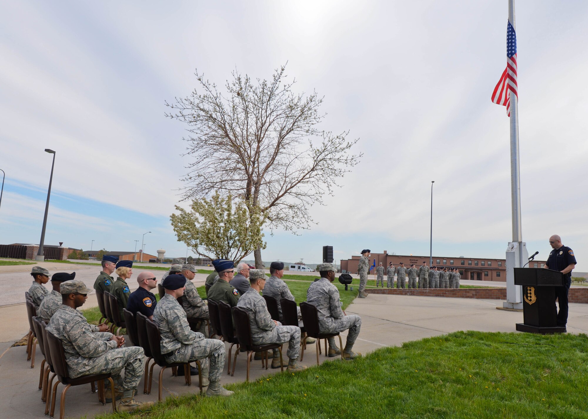 Chris Missalt, Box Elder Police Department police lieutenant, recounts the significance of National Police Week during a retreat ceremony on Ellsworth Air Force Base, S.D., May 15, 2014. The event commemorated Peace Officers Memorial Day, a holiday created by former President John F. Kennedy and recognized on May 15 every Year. (U.S. Air Force photo by Senior Airman Zachary Hada/Released)