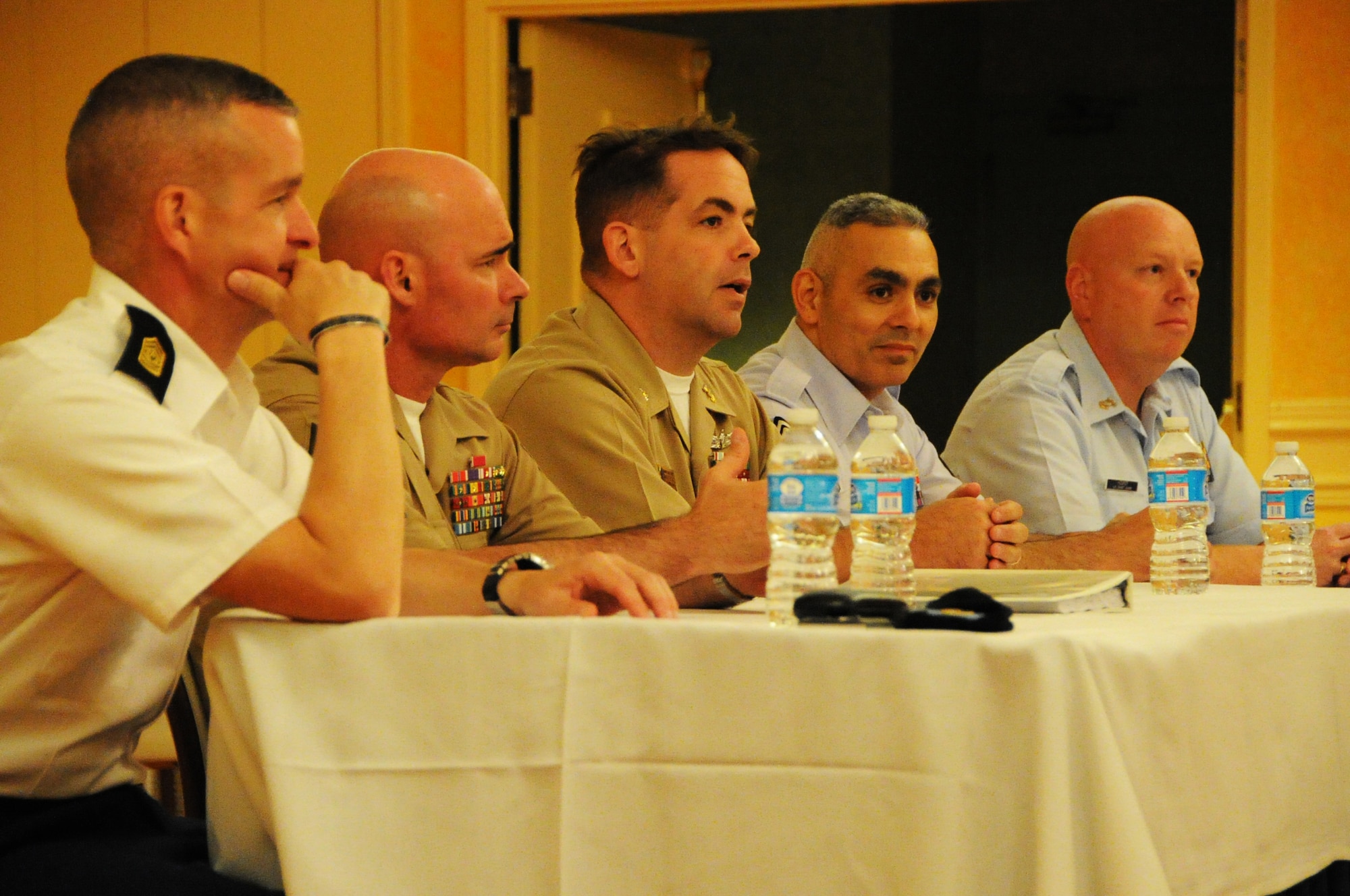 Command Sgt. Maj. David Turnbull, JFHQ-NCR U.S. Army Military District of Washington, Sgt. Maj. Craig Cressman, Headquarters and Service Battalion HQ Marine Corps, Command Master Chief, U.S. Navy Ceremonial Guard, Command Chief Master Sgt. Jose LugoSantiago, Air Force District of Washington, and Command Master Chief Shane Hooker, U.S. Coast Guard Deputy Commandant for Mission Support, speak to students during a joint panel discussion which was part the Joint Professional Development Seminar held on Joint Base Myer-Henderson Hall May 16, 2014. More than 100 NCOs and petty officers from each branch of service across the National Capital Region attended the four-day seminar where they learned about operating in a joint environment.( (U.S. Air Force photo/Staff Sgt. Matt Davis)