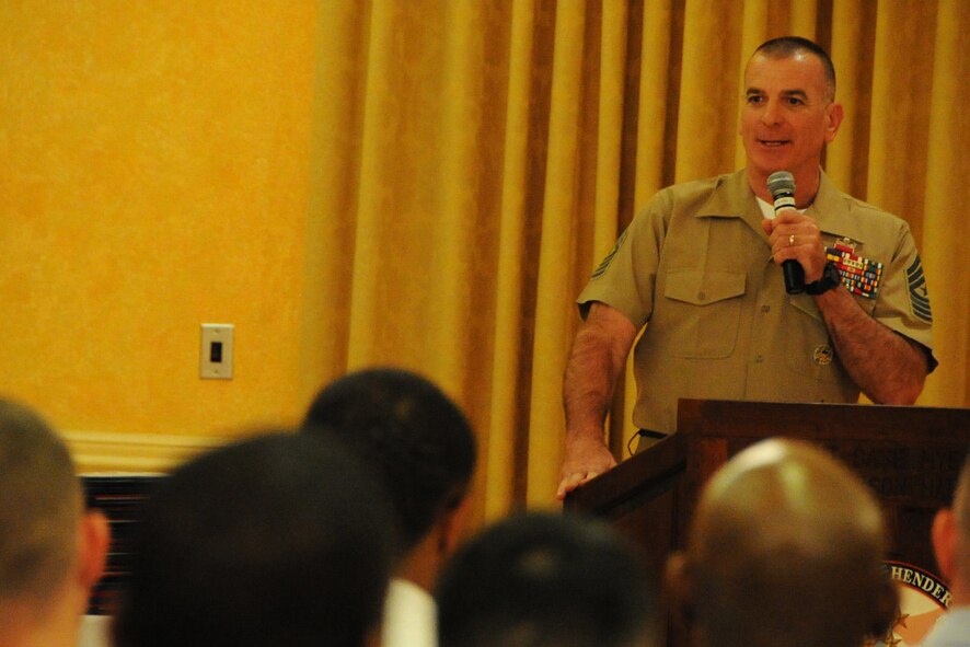Marine Corps Sgt. Maj. Bryan Battaglia, Senior Enlisted Advisor to the Chairman of the Joint Chiefs of Staff, speaks to students during the Joint Professional Development Seminar held on Joint Base Myer-Henderson Hall May 16, 2014. More than 100 NCOs and petty officers from each branch of service across the National Capital Region attended the four-day seminar where they learned about operating in a joint environment.( (U.S. Air Force photo/Staff Sgt. Matt Davis)