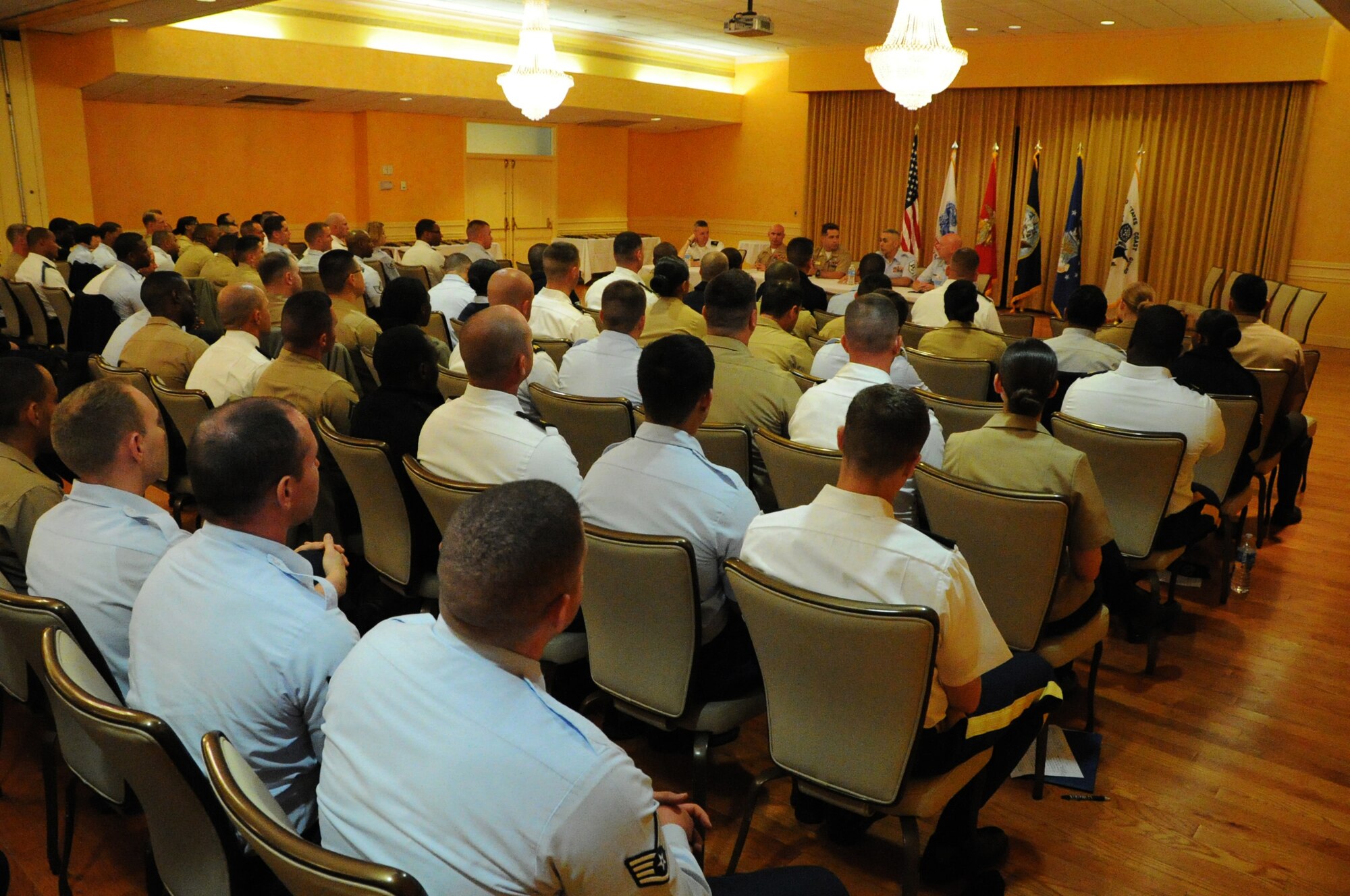 National Capital Region senior enlisted leaders speak to students during a joint panel discussion which was part the Joint Professional Development Seminar held on Joint Base Myer-Henderson Hall May 16, 2014. More than 100 NCOs and petty officers from each branch of service across the National Capital Region attended the four-day seminar where they learned about operating in a joint environment.( (U.S. Air Force photo/Staff Sgt. Matt Davis)