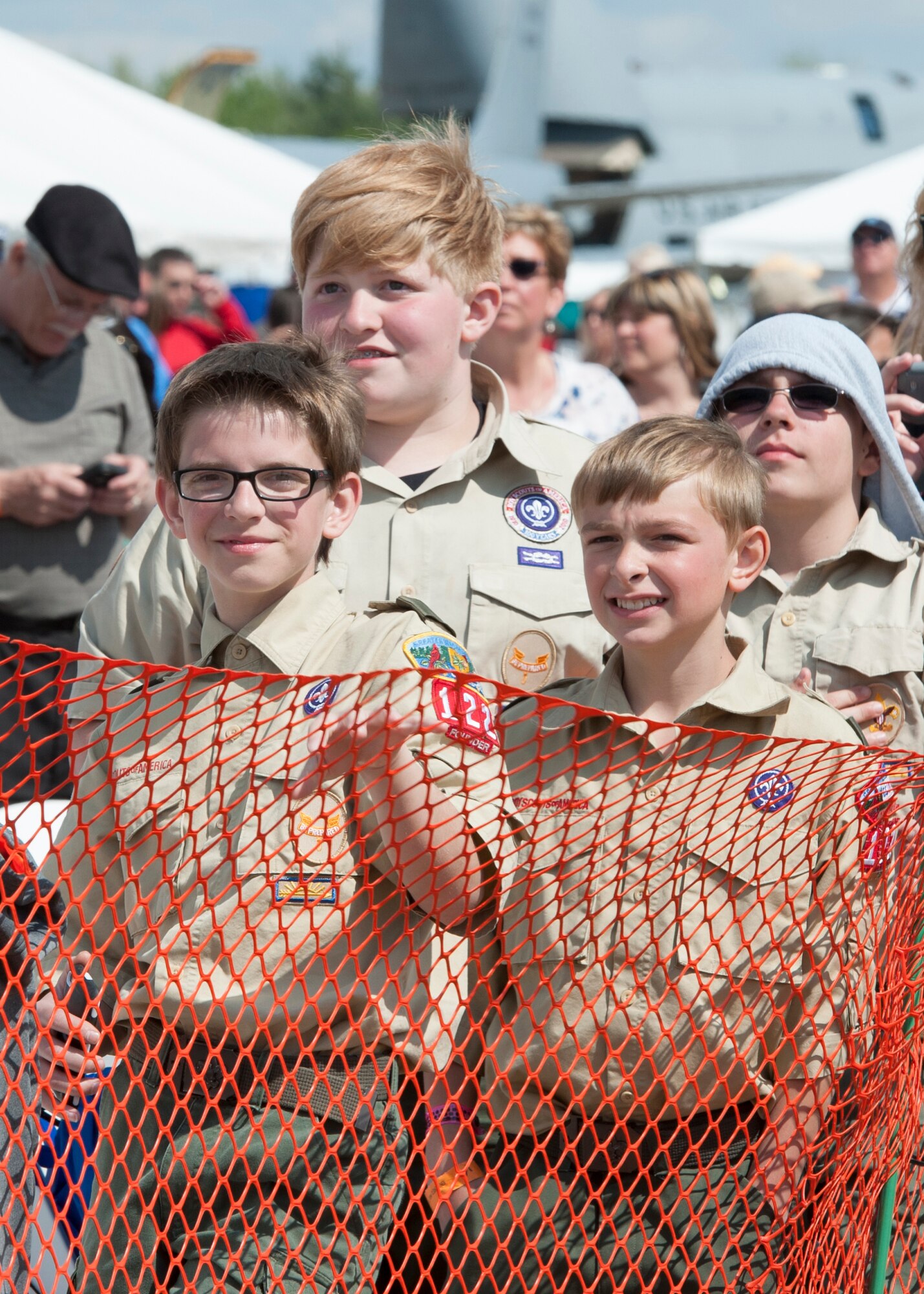 A group of young air show spectators look on as the United States Air Force Thunderbirds prepare for takeoff May 18, 2014, here. The Thunderbirds came to Youngstown Air Reserve Station to perform at the 2014 Thunder Over the Valley Air Show May 17 and 18. U.S. Air Force photo/Eric M. White
