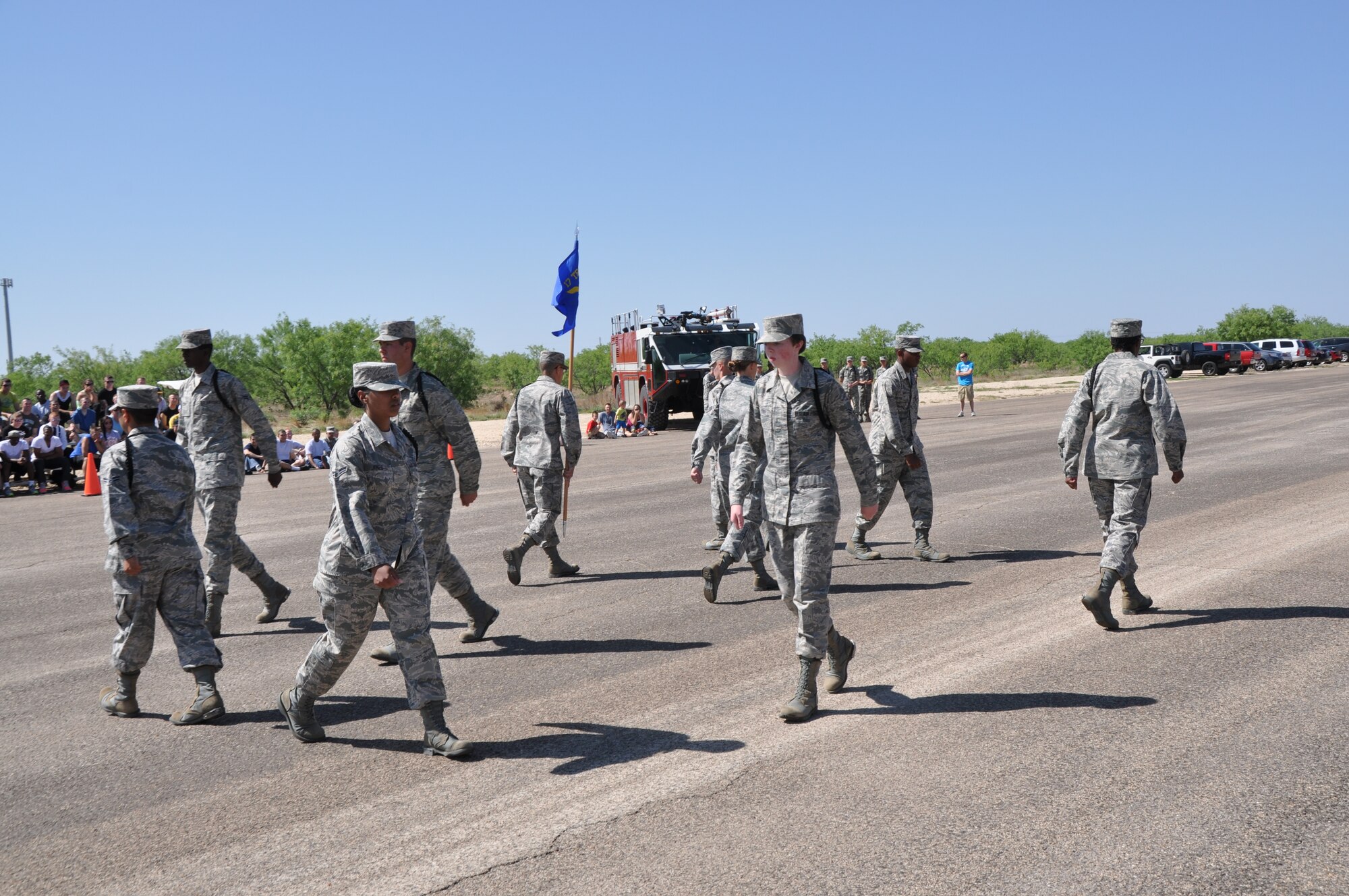 GOODFELLOW AIR FORCE BASE, Texas – The 315th Training Squadron performs an exhibition drill during the 17th Training Group’s second quarter drill competition on the flight line here May 10. The 315th TRS won exhibition and the regulation drill in the competition. (U.S. Air Force photo/ Senior Airman Joshua Edwards)