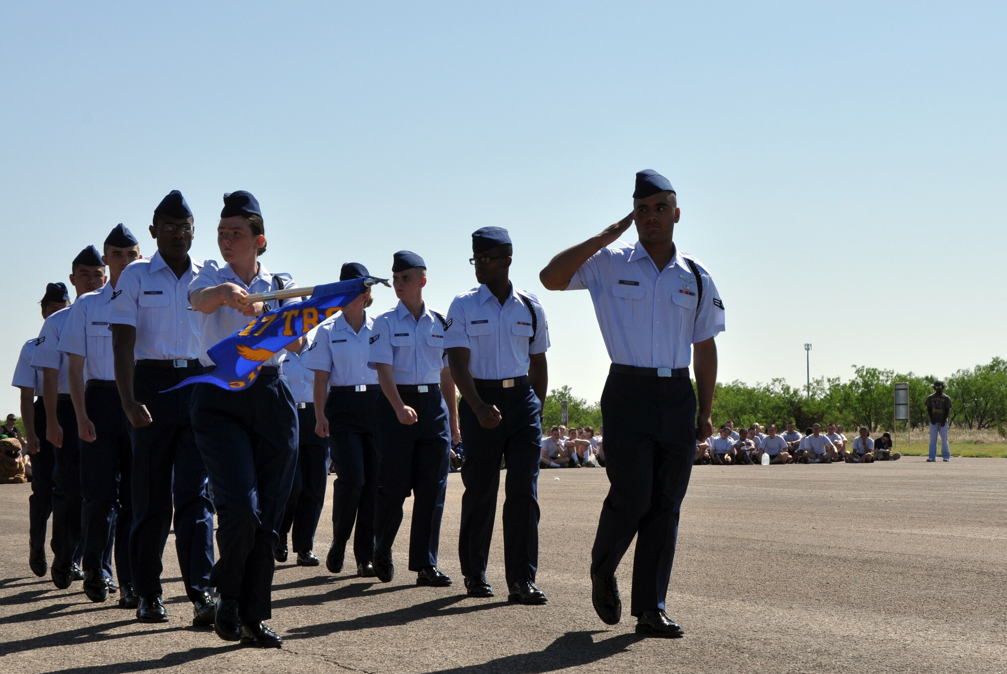 GOODFELLOW AIR FORCE BASE, Texas – The 316th Training Squadron performs an eyes right during the regulation drill portion of the 17th Training Group’s second quarter drill competition on the flight line here May 10. The drill competition had four categories to compete in: individual, regulation and exhibition drills, and open ranks. (U.S. Air Force photo/ Senior Airman Joshua Edwards)