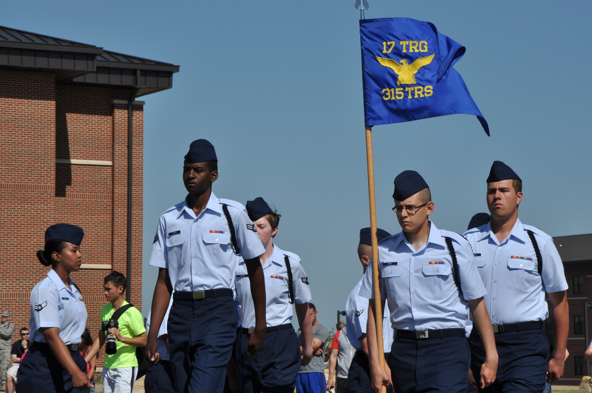GOODFELLOW AIR FORCE BASE, Texas – The 315th Training Squadron performs a column right movement during the regulation drill portion of the 17th Training Group’s second quarter drill competition on the flight line here May 10. The 315th TRS won regulation and exhibition drill during the competition. (U.S. Air Force photo/ Senior Airman Joshua Edwards)