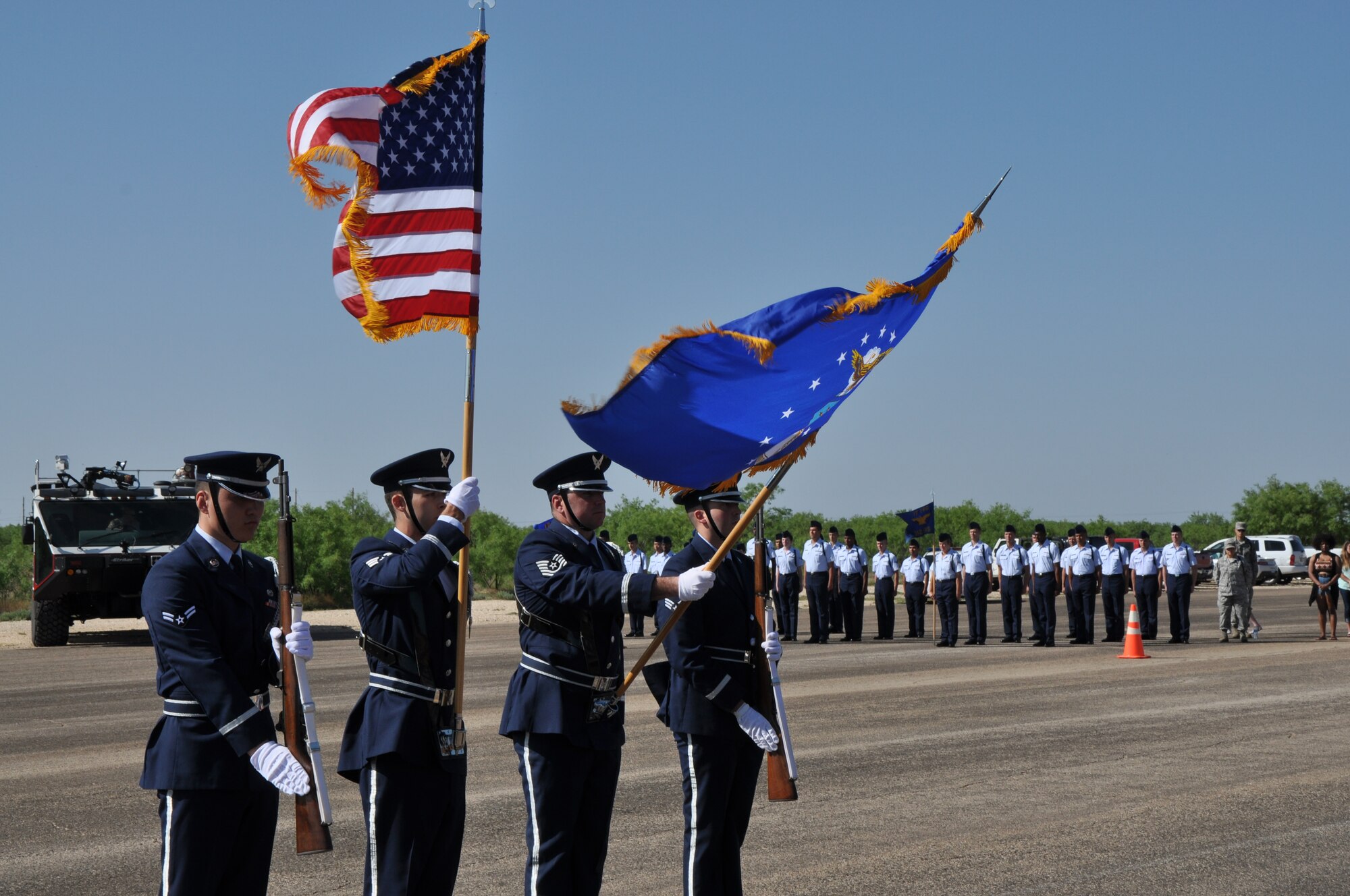 GOODFELLOW AIR FORCE BASE, Texas – The Goodfellow Honor Guard presents the colors during the national anthem at the 17th Training Group’s second quarter drill competition on the flight line here May 10. The competition pitted the 312th Training Squadron, 315th Training Squadron and 316th Training Squadron against each other. (U.S. Air Force photo/ Senior Airman Joshua Edwards)
