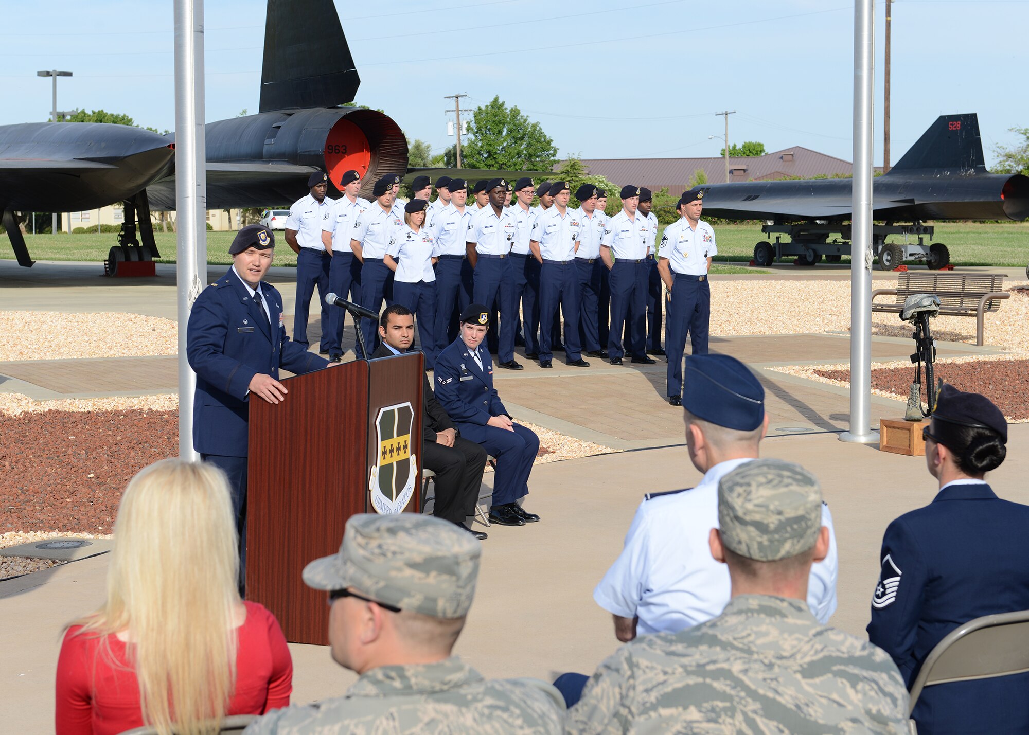 Maj. Met Berisha, 9th Security Forces Squadron commander, speaks during a National Police Week ceremony at Beale Air Force Base, Calif., May 15, 2014. In 1962, President John F. Kennedy proclaimed the calendar week of May 15 as National Police Week.  (U.S. Air Force photo by John Schwab/Released)  