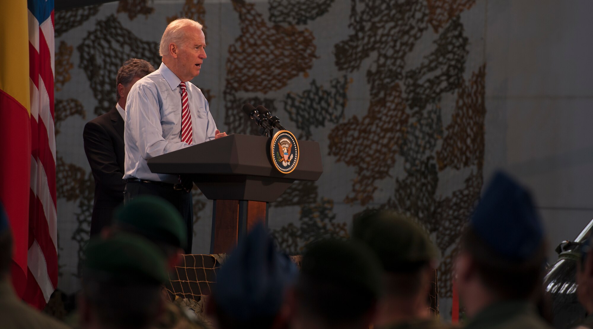 U.S. Vice President Joe Biden speaks to a group of U.S. and Romanian service members at Bucharest, Romania, May 20, 2014. During his speech Biden touched on many topics including, Ukraine, building stronger partnerships among NATO Allies and thanking Romania for its constant support. (U.S. Air Force photo/Senior Airman Damon Kasberg)