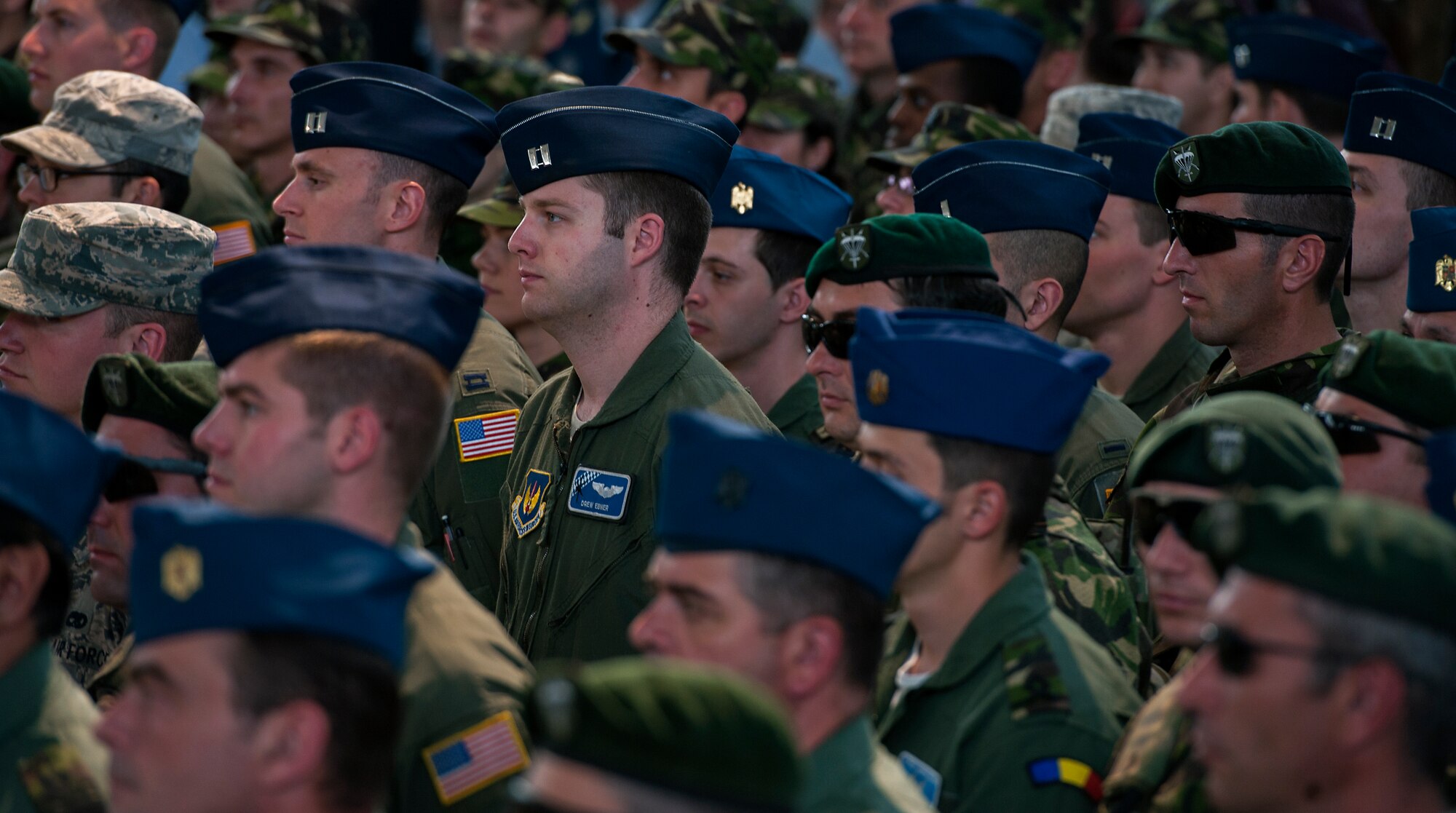 U.S. and Romanian service members listen as U.S. Vice President Joe Biden gives a speech at Bucharest, Romania, May 20, 2014. During his speech Biden emphasized the importance of working closely with all NATO Allies. (U.S. Air Force photo/Senior Airman Damon Kasberg)