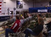 Col. Tom Wilcox, 341st Missile Wing commander, briefs Malmstrom Air Force Base Airmen during a base-wide all call at the 3-Bay Hangar on May 16 during Wingman day. Airmen then received resiliency training with their respective squadrons. (U.S. Air Force photo/Senior Airman Katrina Heikkinen)