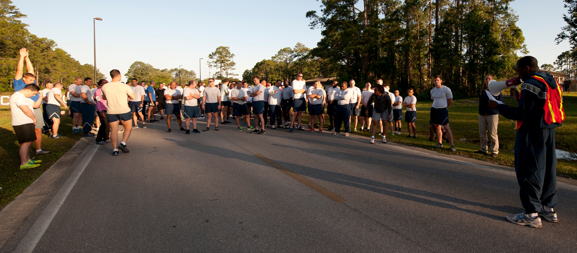 Air Commandos gather at the starting line for the 12th Annual Commando 5K Run at Hurlburt Field, Fla., May 16, 2014. The 1st Special Operations Force Support Squadron hosts morale-boosting runs every other month. (U.S. Air Force photo/Senior Airman Krystal M. Garrett)