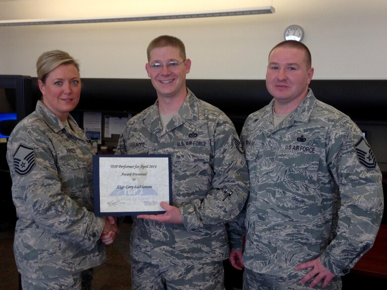 Staff Sgt. Corey LaFlamme, 50th Space Wing Inspector General office, recently received the Top 3 Performer of the Month for April at Schriever Air Force Base, Colo. LaFlamme built scenarios and led the wing inspection team  members during the April 2014 wing inspection, and was also the lead inspector for the 50th Comptroller Squadron. He manages and leads the Management Internal Control Toolset and self-assessment programs as well as more than 65,000 checklist requirements, ensuring the installation is in compliance with readiness and inspection standards. (Courtesy photo)
