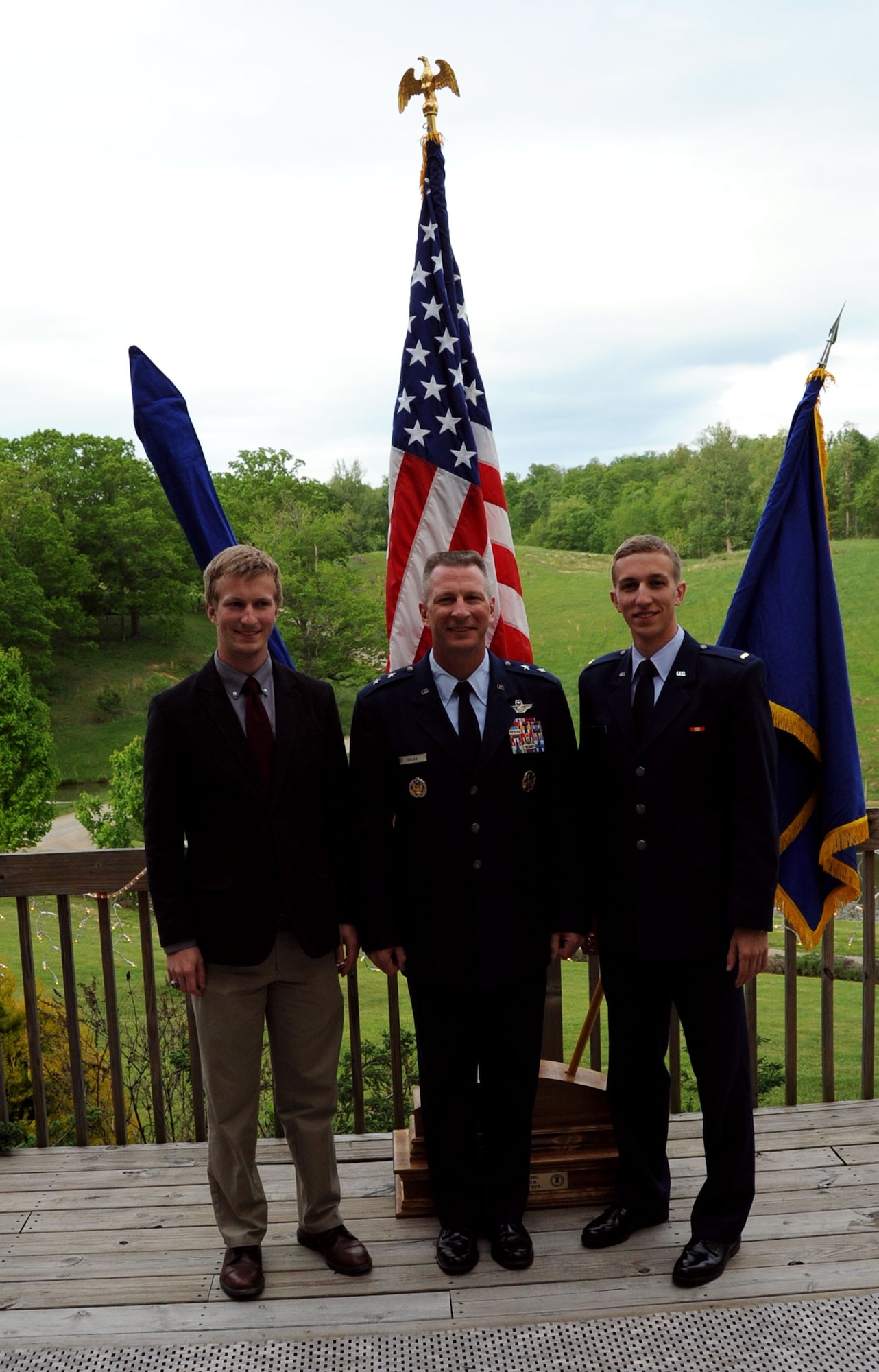 Maj. Gen. John Dolan, Assistant Deputy Commander for U.S. Air Forces Central Command and Assistant Vice Commander for the 9th Air Expeditionary Task Force, 
poses with his sons, 2nd Lt. Joe Dolan and Chris Dolan, after a promotion ceremony in Blacksburg, Va., May 17, 2014. Chris was the narrator for the ceremony while Lieutenant Dolan was the proctor. (U.S. Air Force photo by Staff Sgt. Katherine Holt)