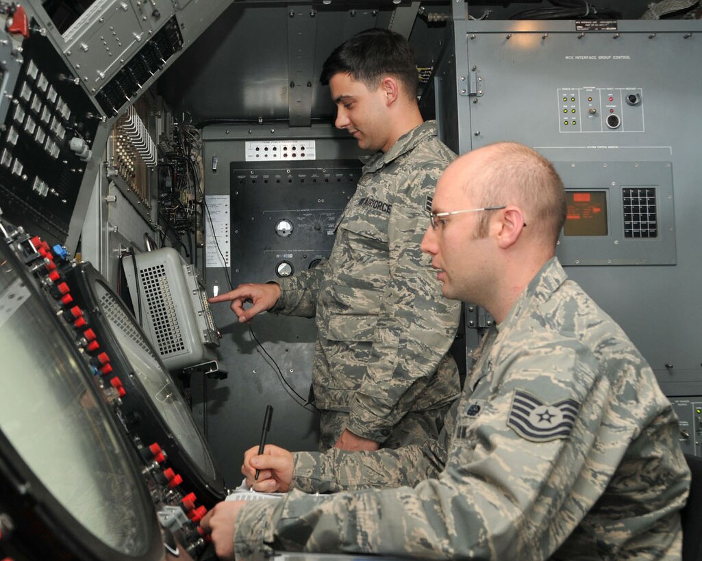 727th Expeditionary Air Control Squadron members Senior Airman Blake Elkin and Tech. Sgt. Christopher Runge maintain electronic equipment at an undisclosed location in Southwest Asia May 9, 2014. The Air National Guard personnel were preparing to complete their deployment to the 380th Air Expeditionary Wing and redeploy home. (U.S. Air Force photo by Senior Master Sgt. Eric Peterson/Released)