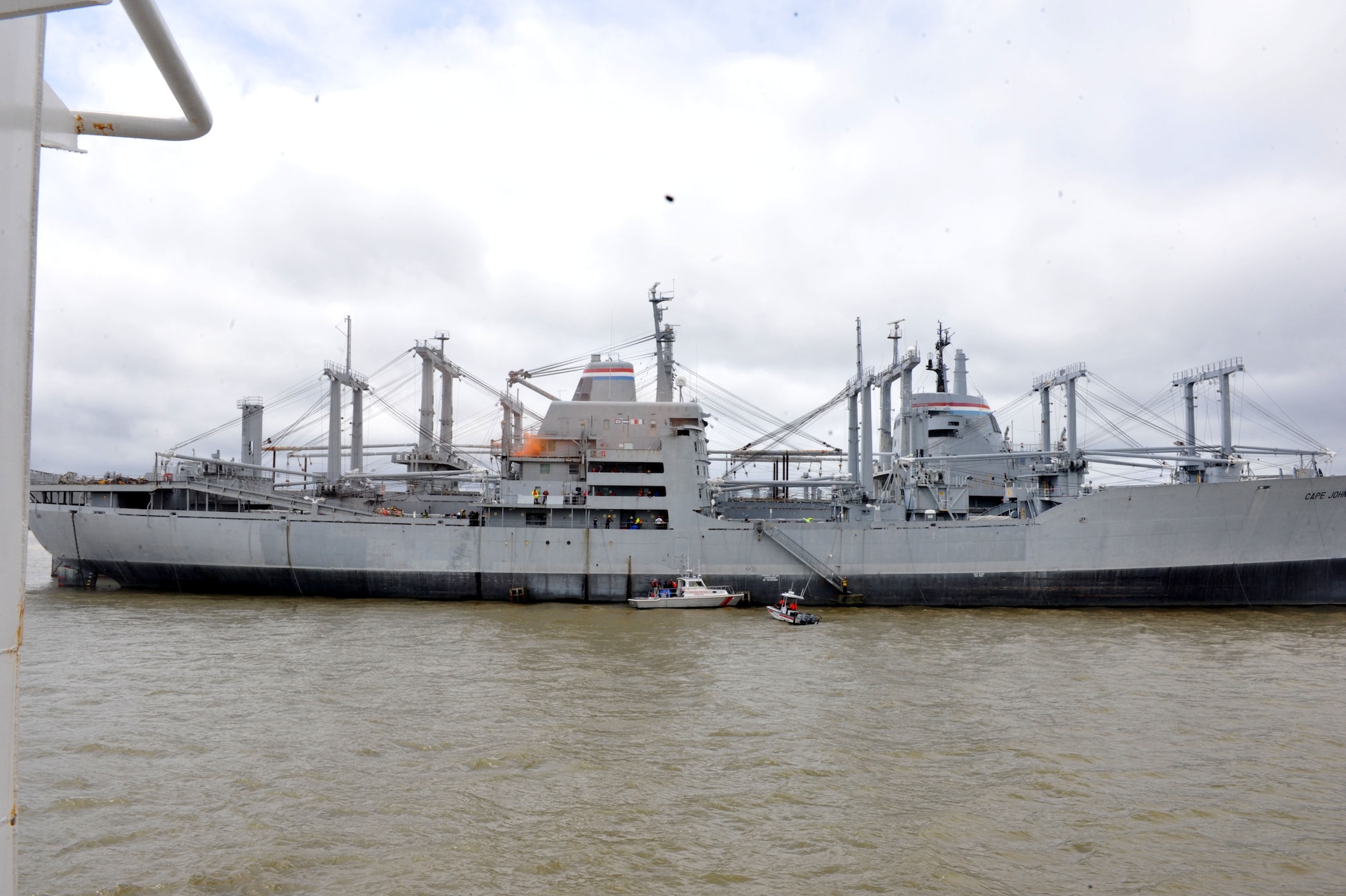 A vessel from the U.S. Department of Transportation Maritime Administration (MARAD) National Defense Reserve has a simulated shipboard fire during a maritime incident response exercise at Fort Eustis, Va., May 16, 2014. The exercise was part of the 23rd Annual Hampton Roads Marine Firefighting School, which taught students how to respond to and extinguish shipboard fires. (U.S. Air Force photo by Staff Sgt. Katie Gar Ward/Released)