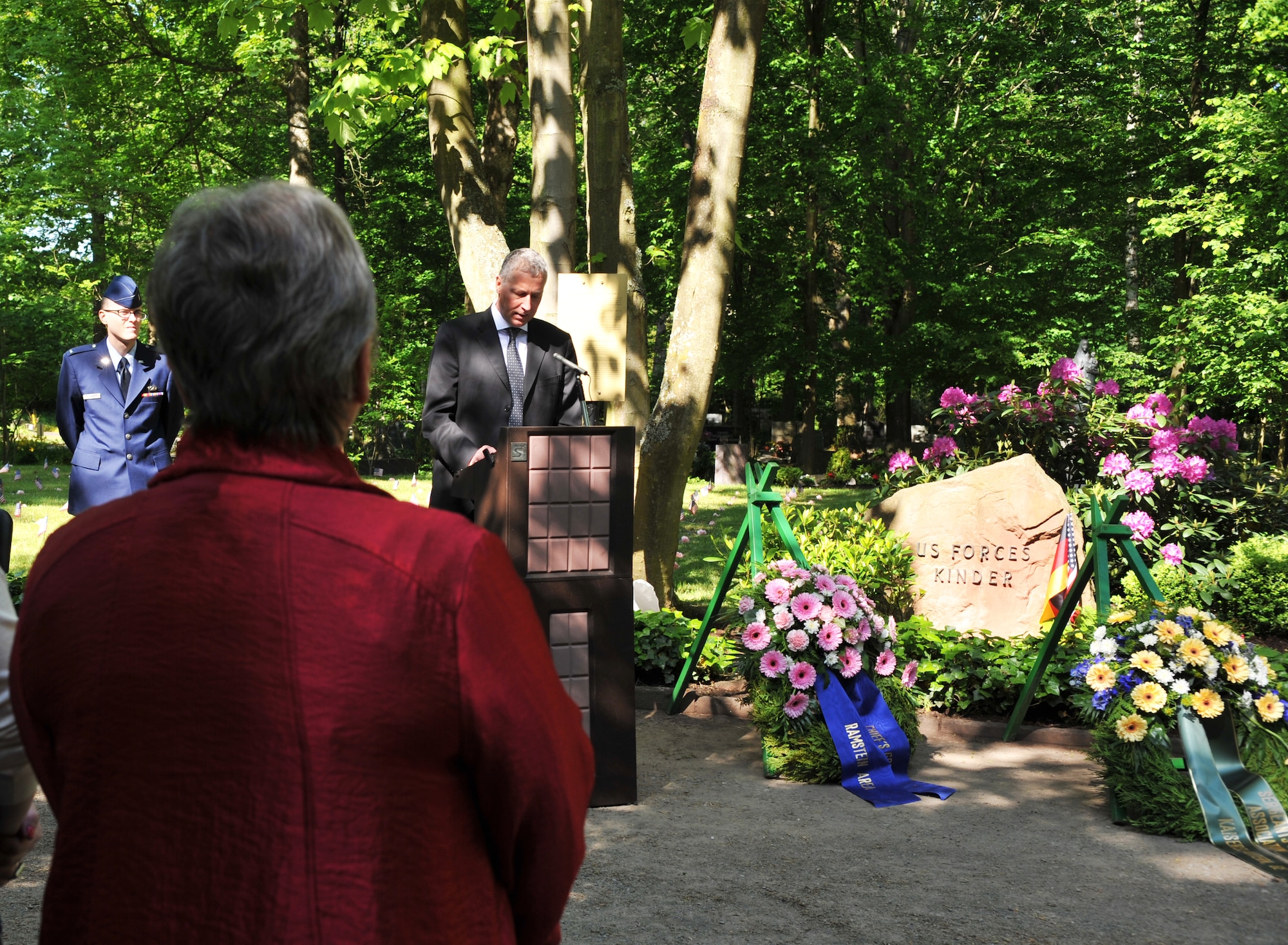 Herr Peter Kiefer, Kaiserslautern deputy mayor, gives his remarks during the Kindergrave’s ceremony at the Kaiserslautern cemetery, Germany May 17, 2014. A ceremony is held every year the Saturday after Mother’s Day to keep the children’s memories alive. (U.S. Air Force photo/Senior Airman Hailey Haux)
