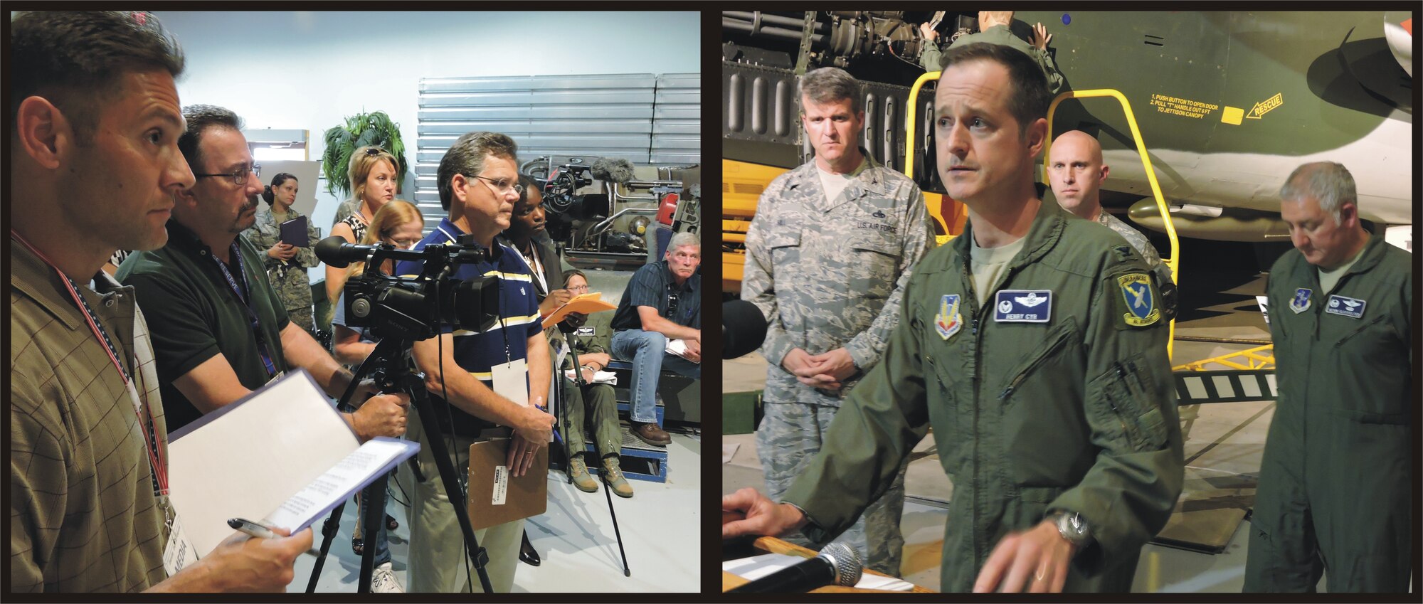 Col. Henry Cyr, 461st Air Control Wing commander, at the podium - flanked by Col. Chris Hill, Installation commander, left, Lt. Col. Brian Schmanski, Army Joint STARS Detachment commander, and Col. Kevin Clotfelter, 116th Air Control Wing commander, right - answers questions during a mock press conference at the Museum of Aviation May 20, 2014. The active-shooter exercise at Robins Air Force Base, Ga., provided realistic training to effectively prepare personnel for crisis situations. (U.S. Air Force photos by Roland Leach)