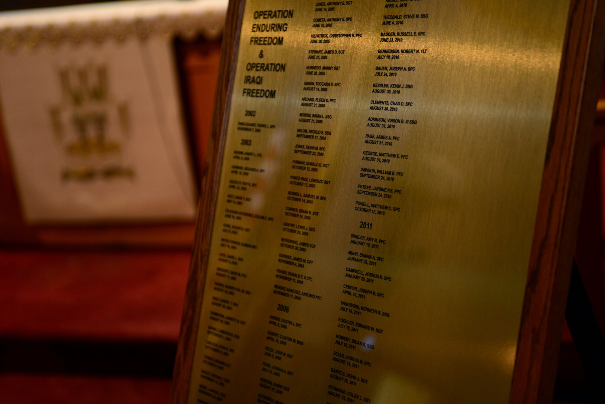 The U.S. Army Transportation Corps paid tribute to 47 fallen Soldiers during a Memorial Wall Rededication Ceremony at Fort Eustis, Va., May 21, 2014. The 47 names added to the memorial wall included  Staff Sgt. Justin R. Johnson, Staff Sgt. Eric T. Lawson and Sgt. Caryn E. Nouv, who were assigned to the 359th Inland Cargo Transfer Company, 10th Transportation Battalion, 7th Transportation Brigade (Expeditionary) at Fort Eustis, and killed in action during tours in Afghanistan in 2013. (U.S. Air Force photo by Staff Sgt. Katie Gar Ward/Released) 