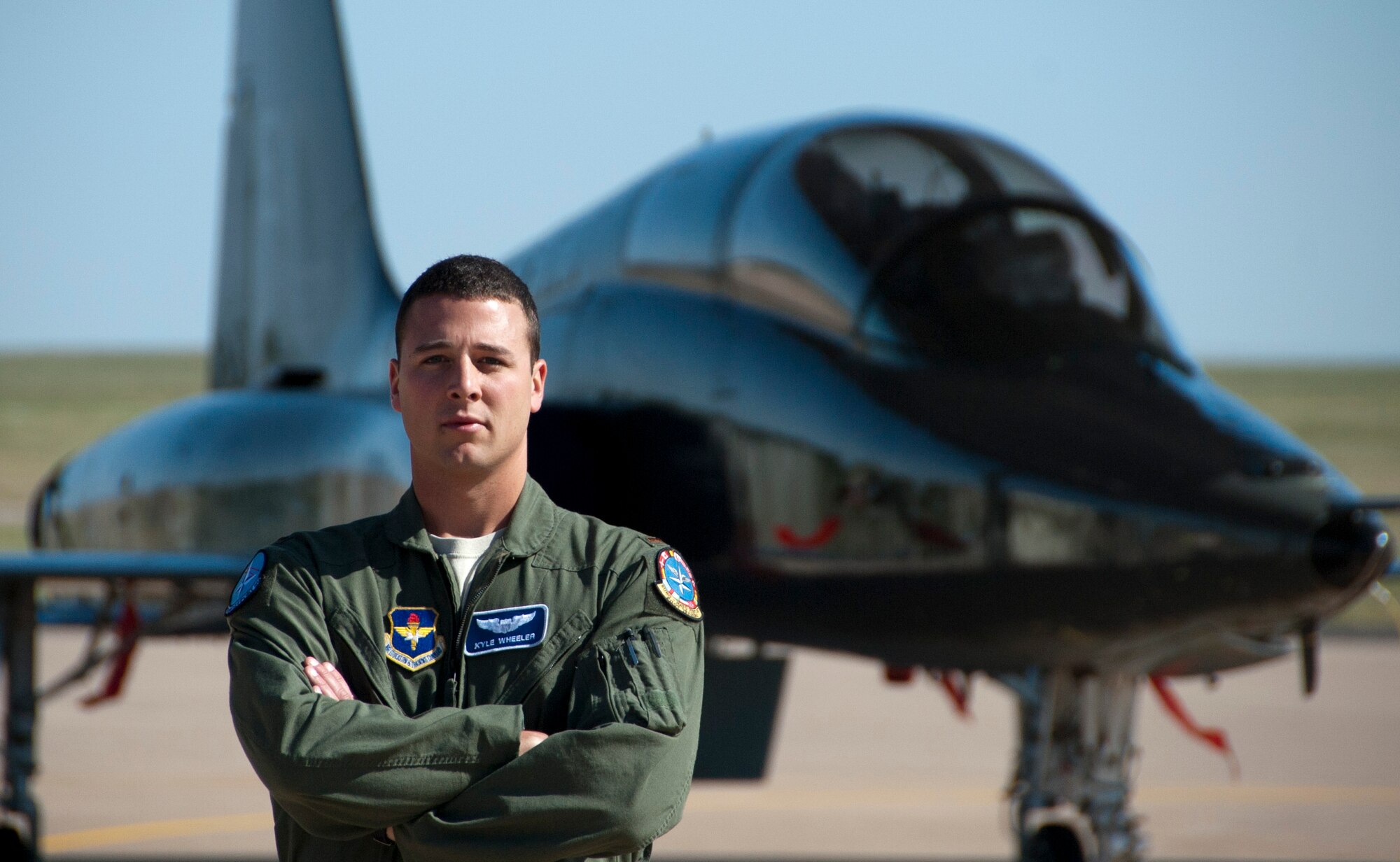 2nd Lt. Kyle Wheeler, a Euro-NATO Joint Jet Pilot Training program graduate, 80th Flying Training Wing, Sheppard Air Force Base, Texas, once prepared weapons as an Air Force enlisted air munitions maintenance operator on the F-15C Eagle. After earning a commission and completing the initial stages of learning to fly, he is now ready to climb into the cockpit and drop the weapons he once loaded (U.S. Air Force photo by Airman 1st Class Robert McIlrath). 