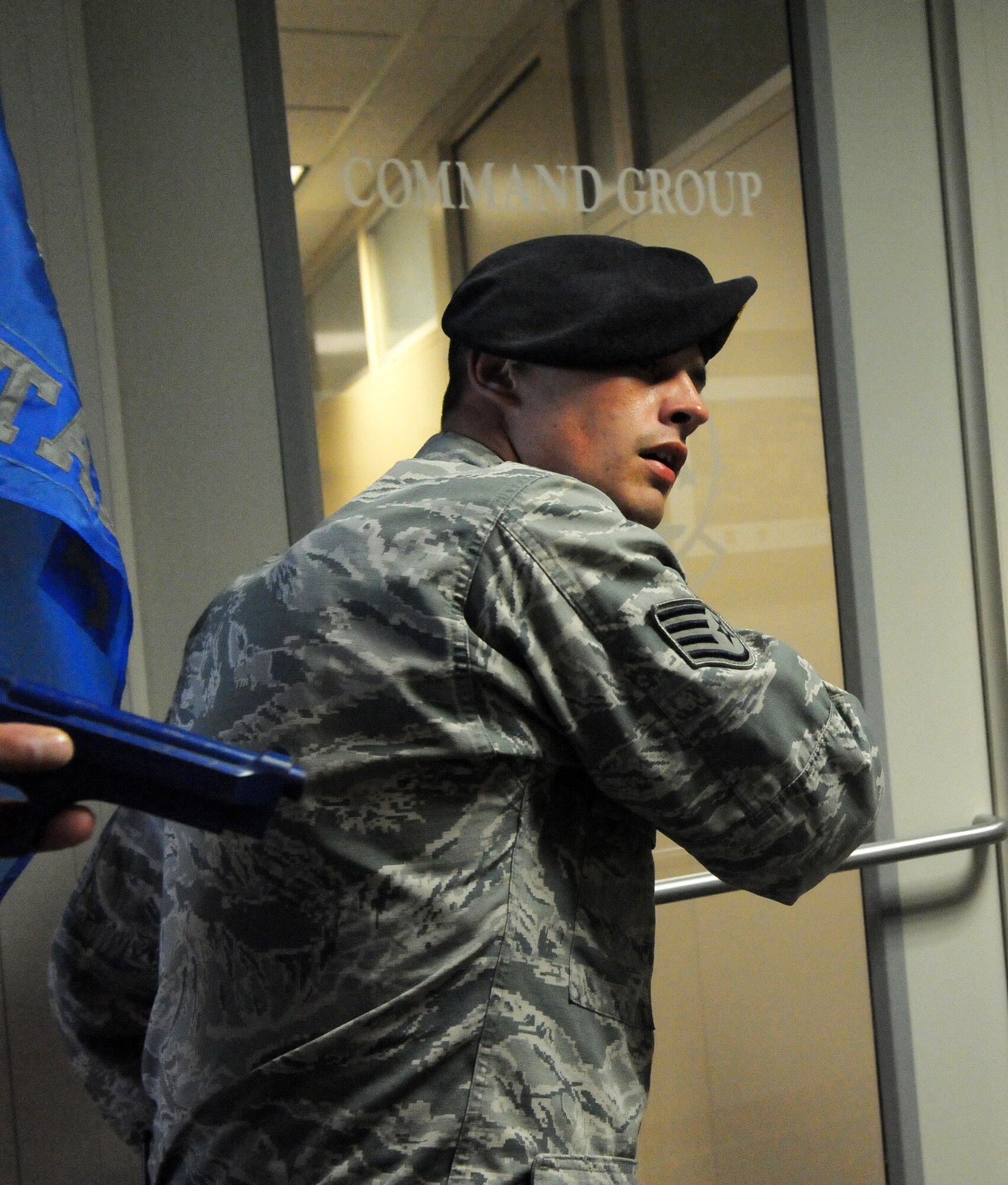 Staff Sgt. John Duffen, 78th Security Forces Squadron, makes his way through a building May 20, 2014, during an active-shooter exercise at Robins Air Force Base, Ga. (U.S. Air Force photo by Ray Crayton)