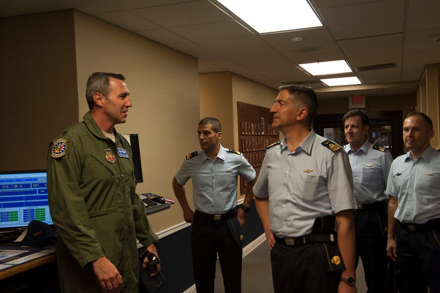 U.S. Air Force Lt. Col Ryan Haden, 74th Fighter Squadron commander, welcomes Italian air force Maj. Gen. Nicola Lanza de Cristoforis, Combat Forces Command commander, and other Italian air force officers to Moody Air Force Base, Ga., May 21, 2014. Combat Forces Command is the U.S. Air Force’s equivalent of Air Combat Command. (U.S. Air Force photo by Airman Dillian Bamman/Released)