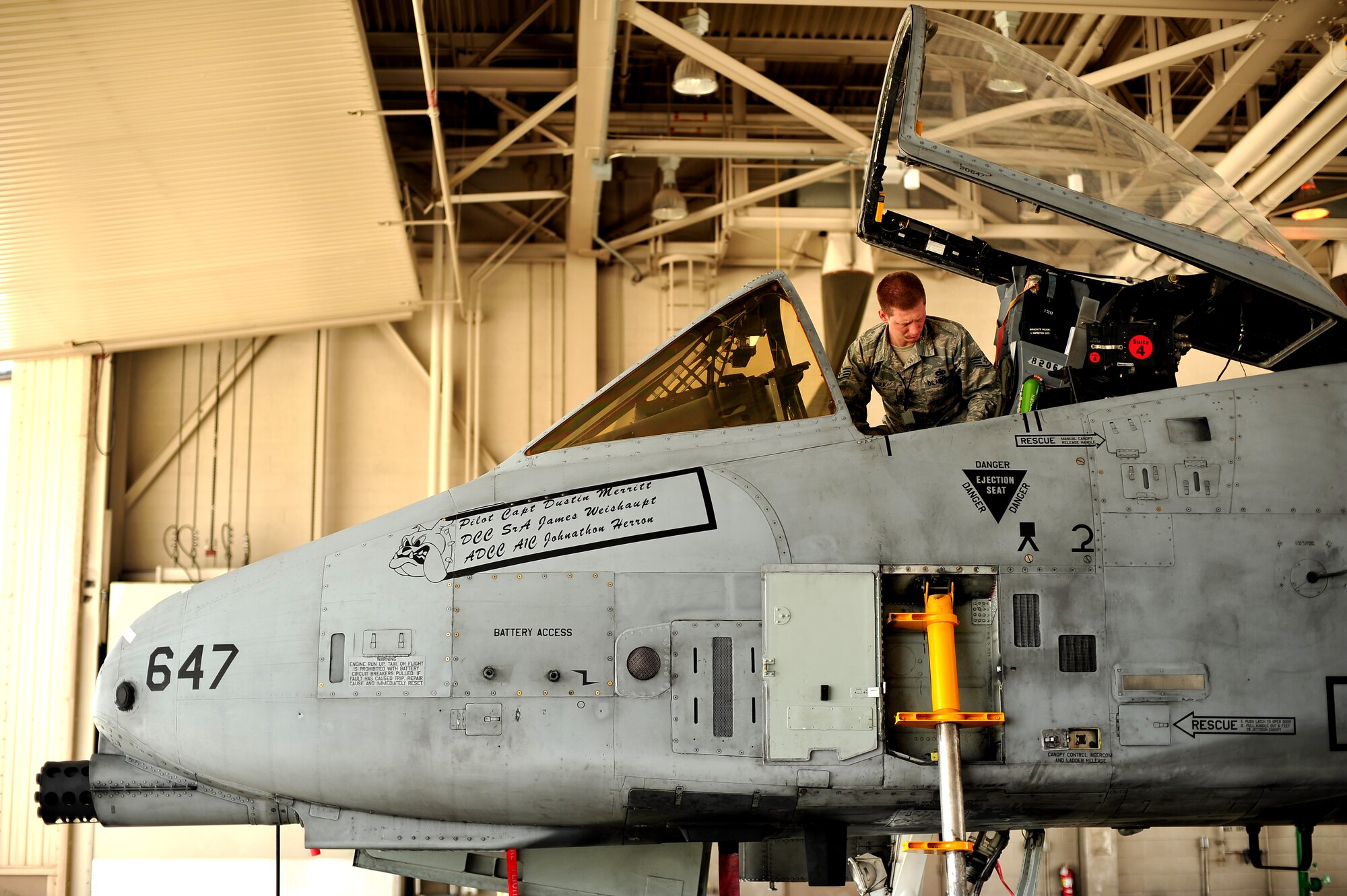 U.S. Air Force Staff Sgt. Aaron Miller, 355th Aircraft Maintenance Squadron aircraft electrician from Davis-Monthan Air Force Base, Ariz., repairs a vent on an A-10 Thunderbolt II during RED FLAG-Alaska 14-1 May 20, 2014, Eielson Air Force Base, Alaska. RF-A is a multi-service, multi-national training exercise that enables combat units to sharpen their skills in multiple scenarios over a two-week period. (U.S. Air Force photo by Staff Sgt. Jim Araos)