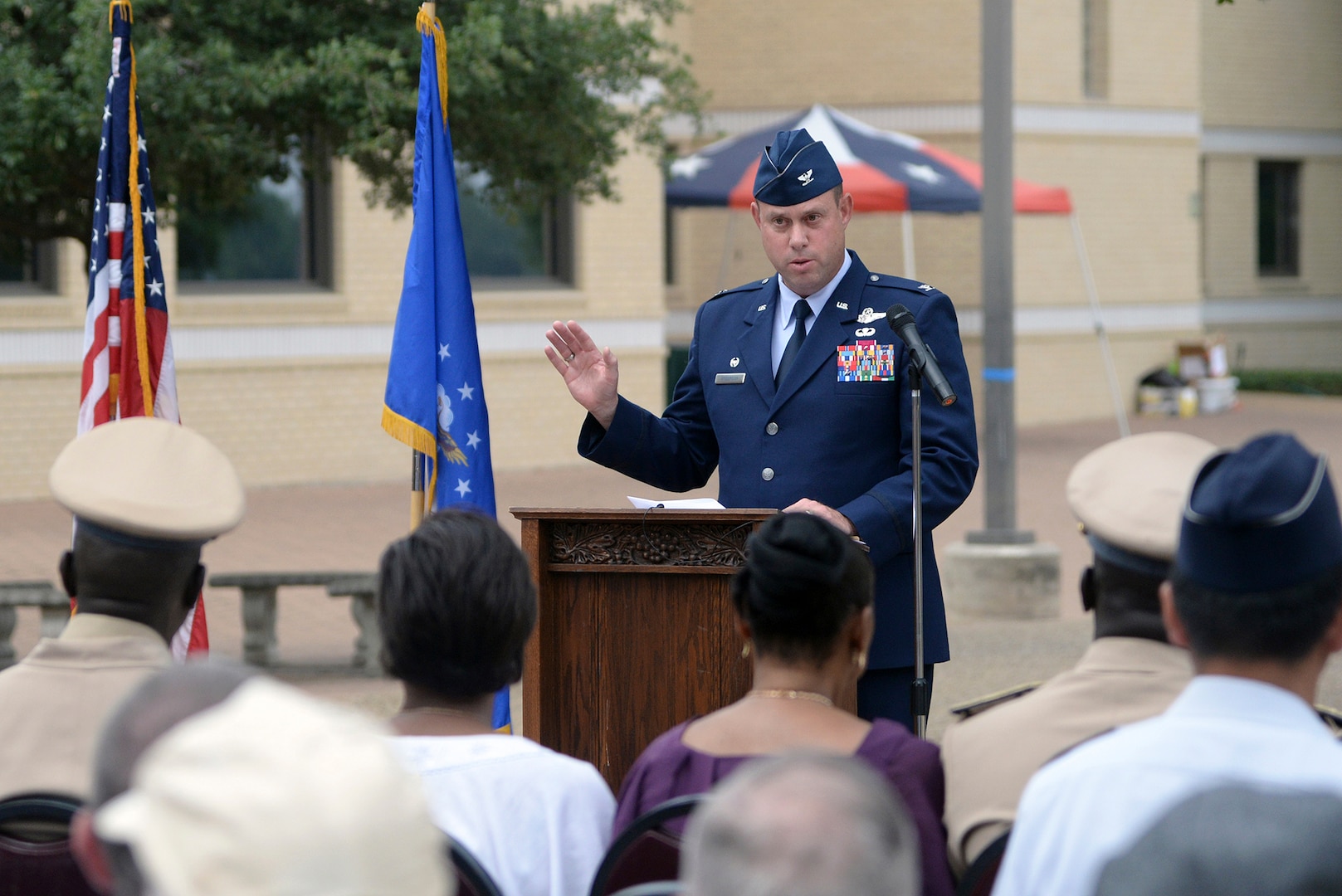 U.S. Air Force Col. Richard D. Anderson, Defense Language Institute English Language Center commandant, speaks to the crowd during the DLIELC anniversary celebration. (U.S. Air Force photo by Johnny Saldivar)