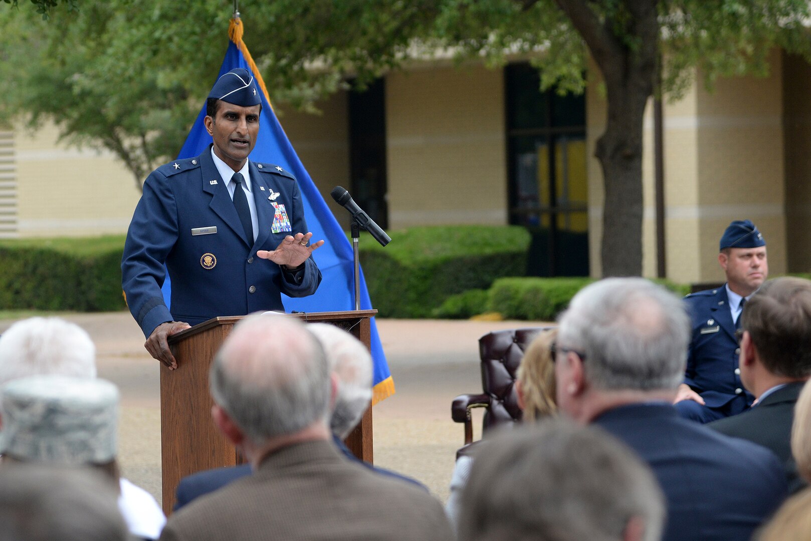 U.S. Air Force Brig. Gen. Balan R. Ayyar, special assistant to the commander, Air Education and Training Command, addresses the audience at the Defense Language Institute English Language Center's 60th anniversary celebration. Ayyar was the guest speaker for the event. (U.S. Air Force photo by Johnny Saldivar/ released)