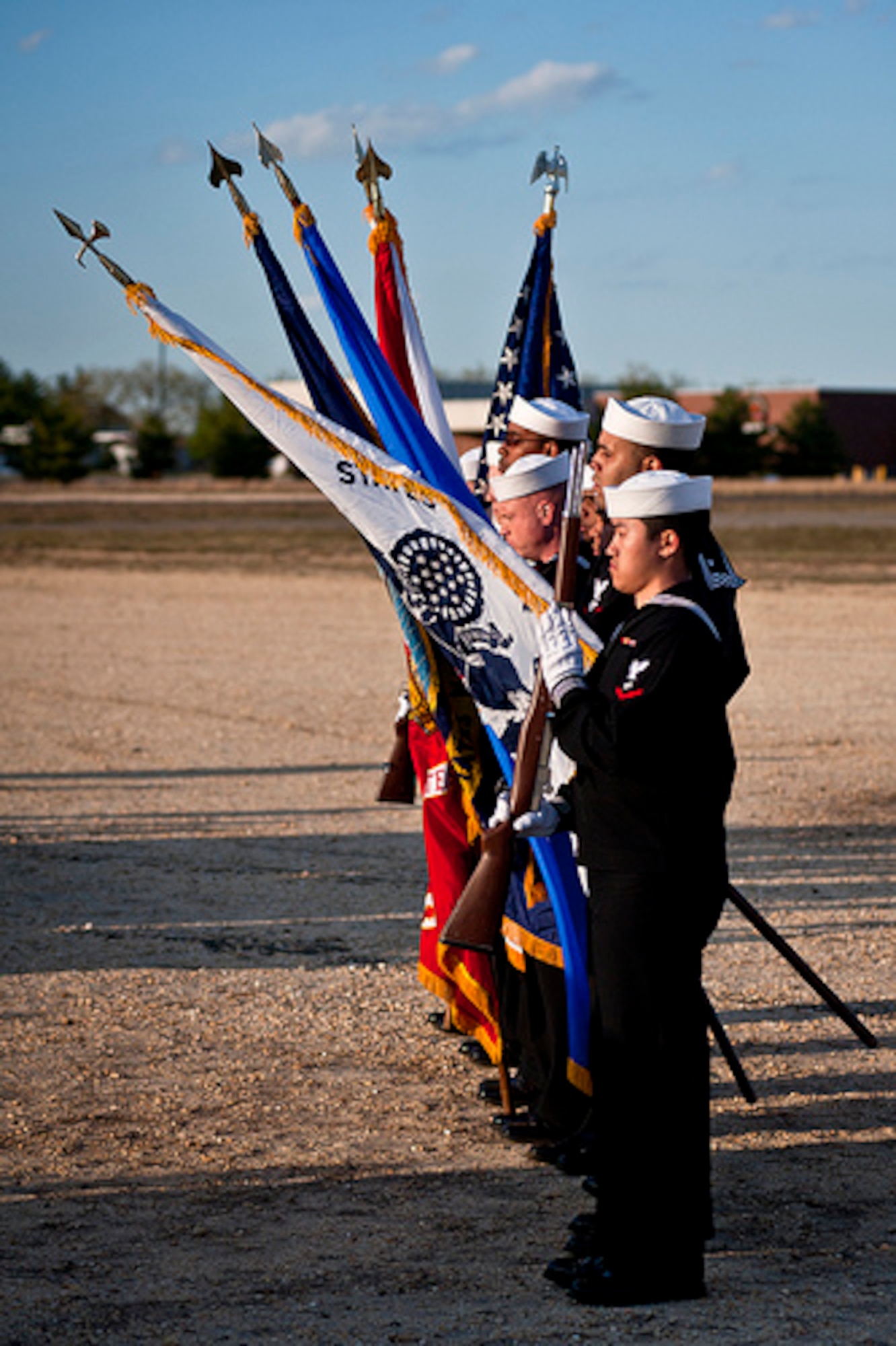 A group of Navy color guardsmen post the colors at the beginning of the Annual Hindenburg Memorial Ceremony May 6, 2014, at Joint Base McGuire-Dix-Lakehurst, N.J. The event was in honor of the 77th anniversary of the tragic Hindenburg airship accident here that claimed the lives of 39 people May 6, 1937. (U.S. Air Force photo by Staff Sgt. Scott Saldukas/Released)  