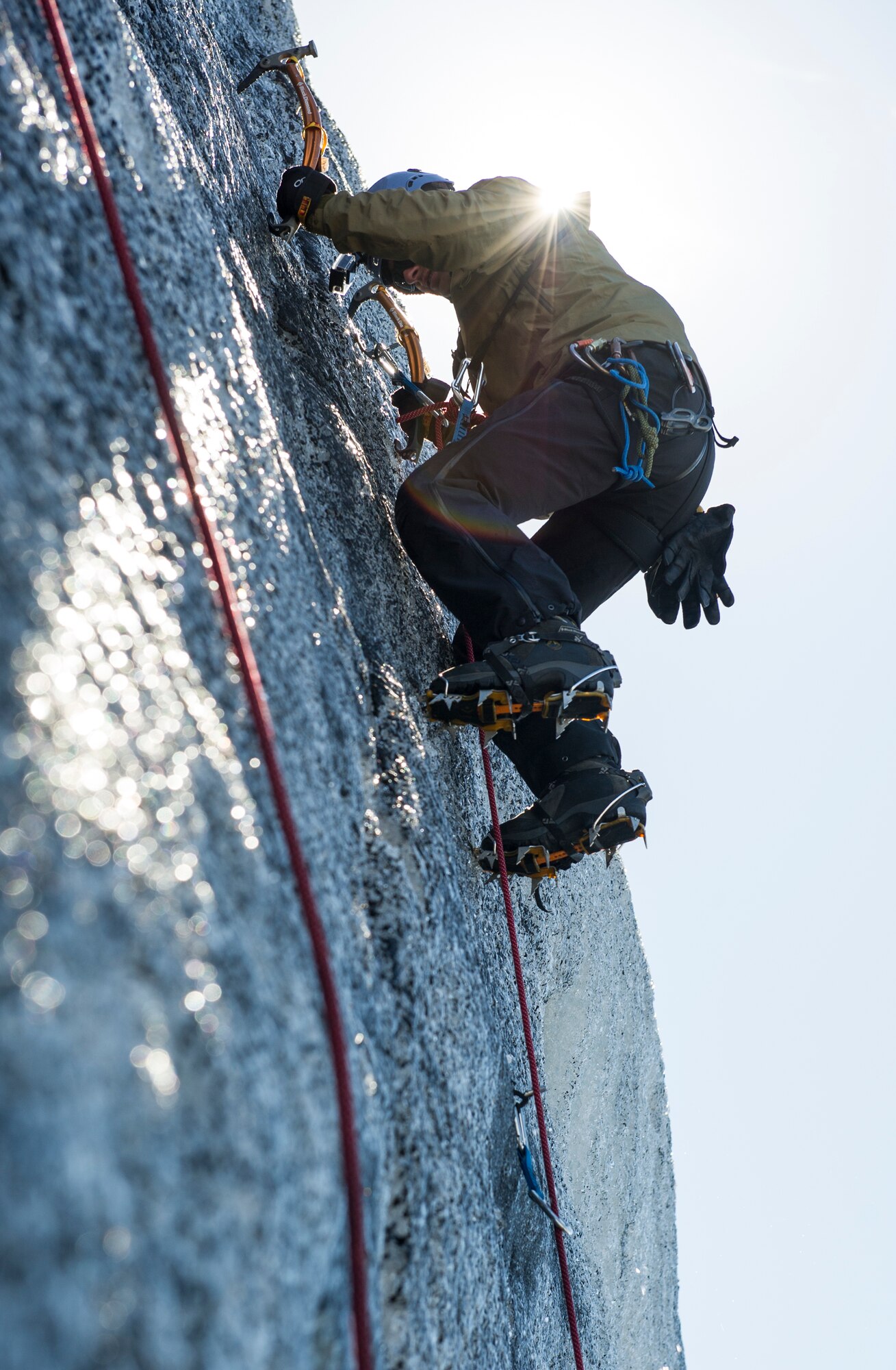 KEFLAVIK, Iceland -- Tech. Sgt. Daniel, 48th Air Expeditionary Group pararescueman, ice climbs up the side of a glacier during training near Keflavik, Iceland, May 18, 2014. Although the Airmen’s primary objective is to rescue downed aircrew deployed with the 48th Air Expeditionary Group for Icelandic Air Policing if needed, the trip provides an opportunity to accomplish training objectives the team wouldn’t ordinarily have access to near Kadena Air Base, Japan, from where they are deployed. (U.S. Air Force photo/Tech. Sgt. Benjamin Wilson) (Released)