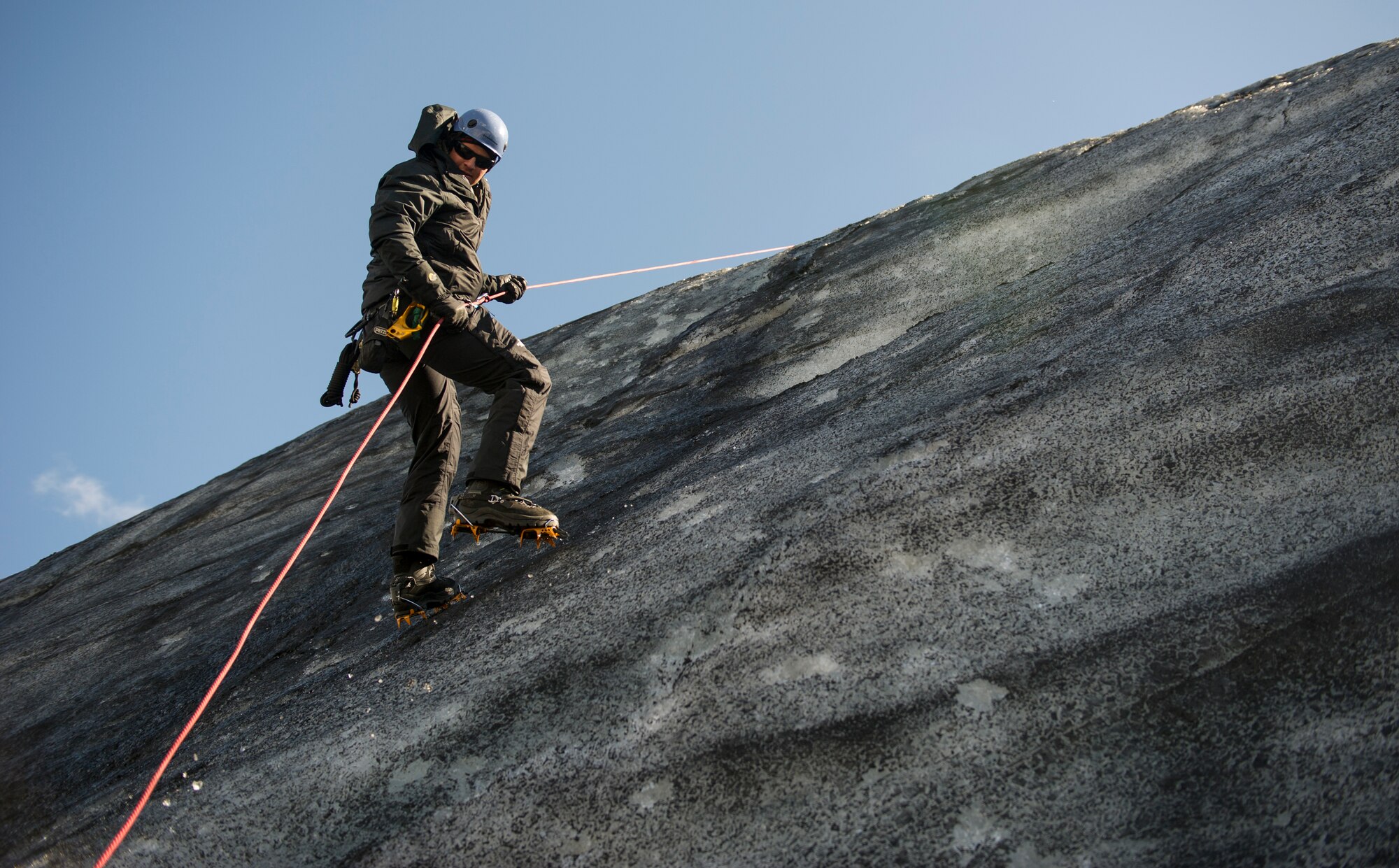 KEFLAVIK, Iceland -- Senior Airman Dylan, 48th Air Expeditionary Group pararescueman, rappels down the side of a glacier during training near Keflavik, Iceland, May 18, 2014. Although the Airmen’s primary objective is to rescue downed aircrew deployed with the 48th Air Expeditionary Group for Icelandic Air Policing if needed, the trip provides an opportunity to accomplish training objectives the team wouldn’t ordinarily have access to near Kadena Air Base, Japan, from where they are deployed. (U.S. Air Force photo/Tech. Sgt. Benjamin Wilson) (Released)