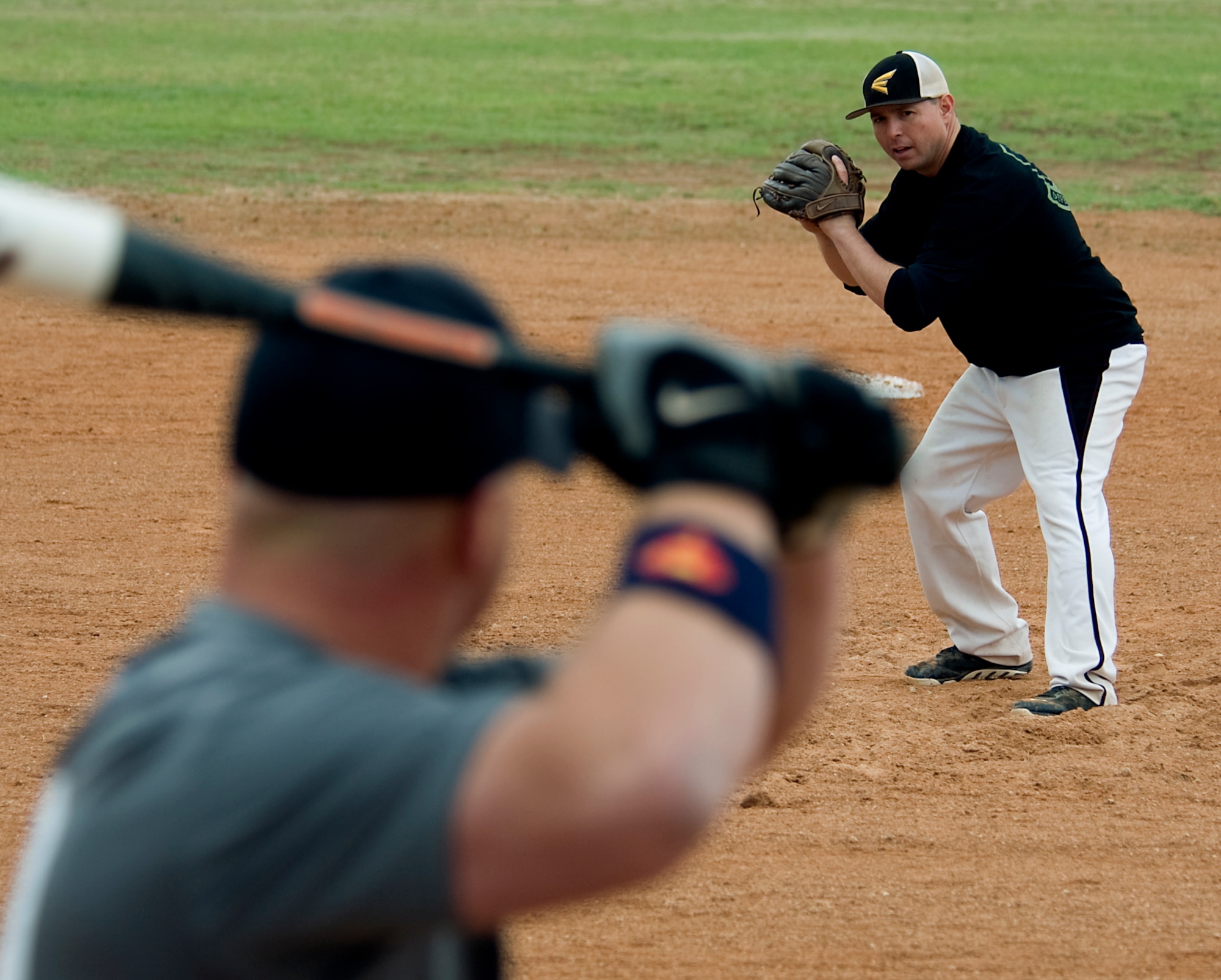 U.S. Air Force Master Sgt. Norman Dominguez, 7th Bomb Wing Director of Staff superintendent, pitches a softball May 13, 2014, at Dyess Air Force Base, Texas. Abilene Police Department played against the 7th Security Forces Squadron in honor of National Police Week.  In 1962, President John F. Kennedy designated the calendar week during which May 15 occurs be known as National Police Week. He also declared May 15 of each year Peace Officers Memorial Day. (U.S. Air Force photo by Senior Airman Peter Thompson/Released)