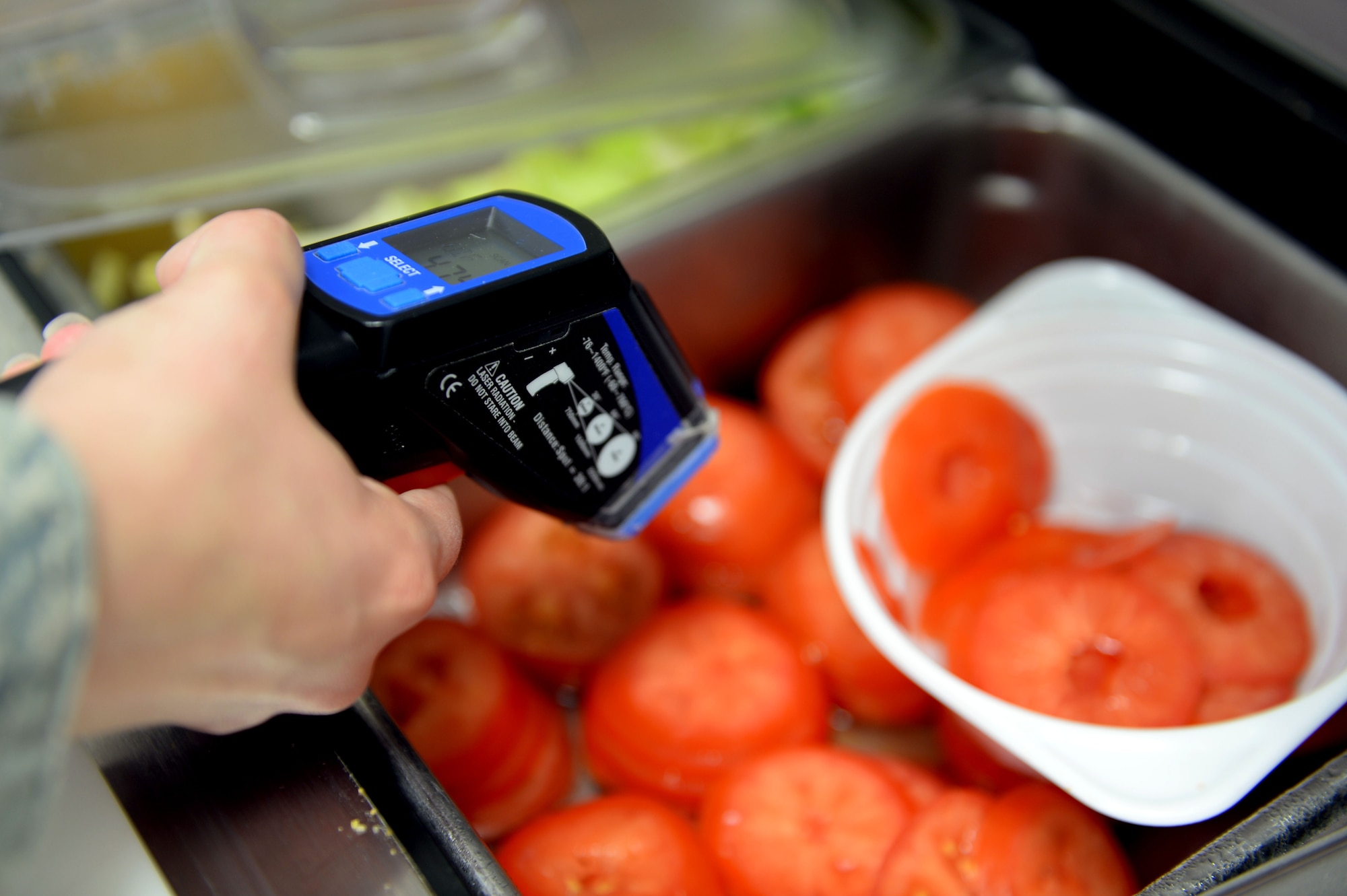U.S. Air Force Senior Airman Misty Warner, 52nd Aerospace Medicine Squadron public health food safety and sanitation technician from Oglesby, Texas, uses a thermometer to check the temperature of salad bar items during a monthly health inspection at the Eifel Mountain Golf Course at Spangdahlem Air Base, Germany, May 20, 2014. These inspections give food-service establishments guidance and feedback on how to best serve base members. (U.S. Air Force photo by Senior Airman Alexis Siekert/Released)