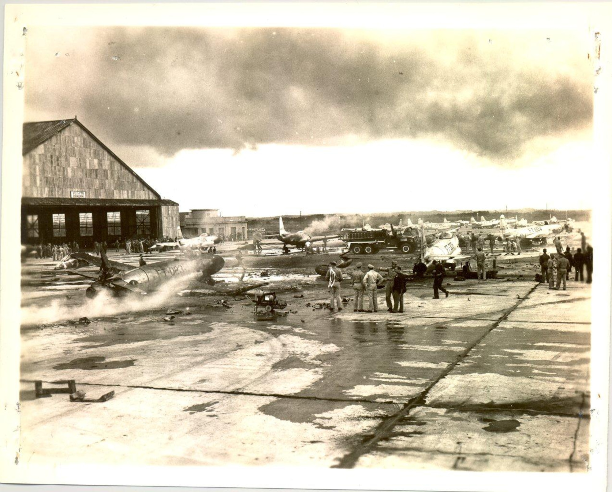 The Misawa Air Base flightline on June 13, 1949 after a in-air mishap resulted in the destruction of several aircraft on the ground. (U.S. Air Force photo) 