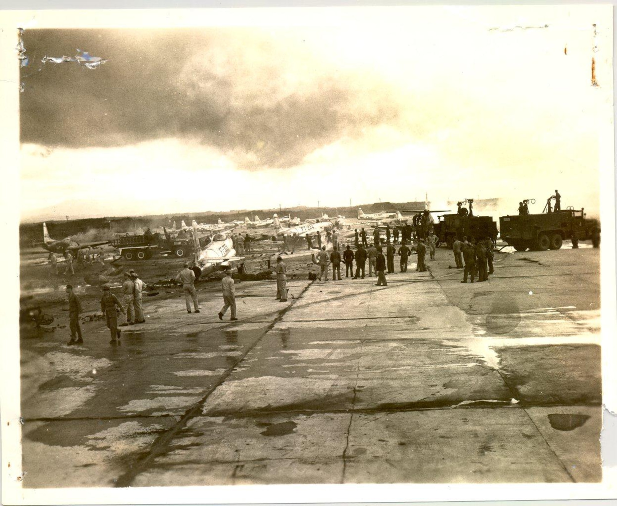The Misawa Air Base flightline on June 13, 1949 after a in-air mishap resulted in the destruction of several aircraft on the ground. (U.S. Air Force photo) 