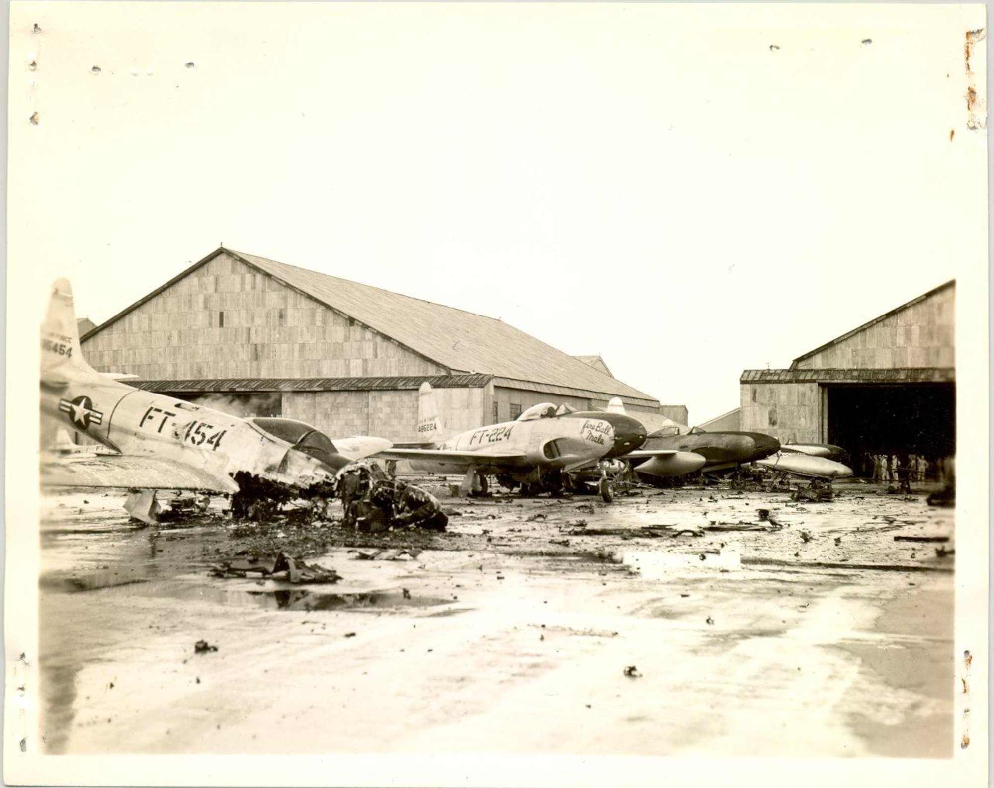 The Misawa Air Base flightline on June 13, 1949 after a in-air mishap resulted in the destruction of several aircraft on the ground. (U.S. Air Force photo) 